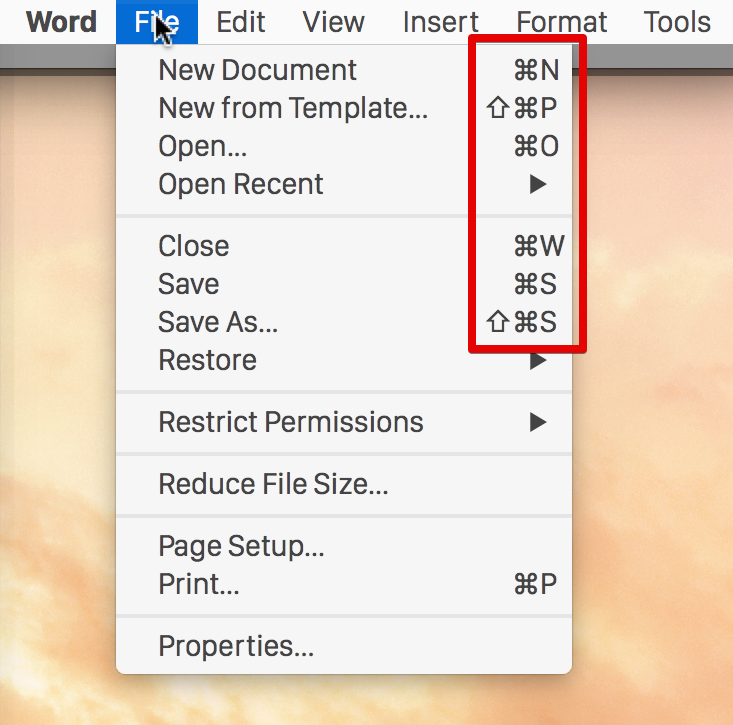 Finding keyboard shortcuts in a menu