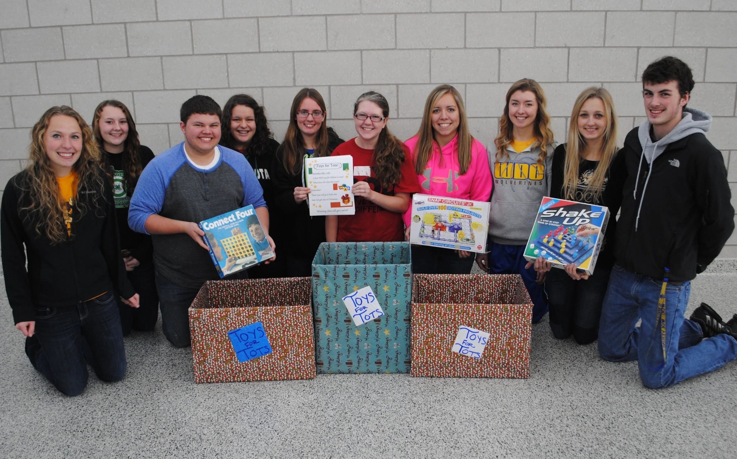 Kicking off the BPA Toys for Tots Drive on Monday, Nov. 18, are BPA members, from left: Paige Hartman, Jessica Langer, Austin Hendershot, Anna Kraemer, Ashley Peters, Elise Kallevig, Maddy Hinojos, Carrie Nelson, Marissa Jahnke and Matthew Quincer. Not pictured: Brandee Bly.