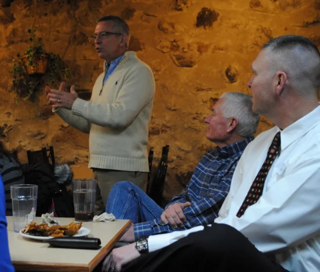 Craig Lindvahl talked to Wadena business and community leaders about the CEO program Thursday. Looking on is Pat Hunke of Hunke’s Transfer Inc. and Trevor Zastrow from Central Minnesota Credit Union. (Photo by Dana Pavek, WDC Schools)