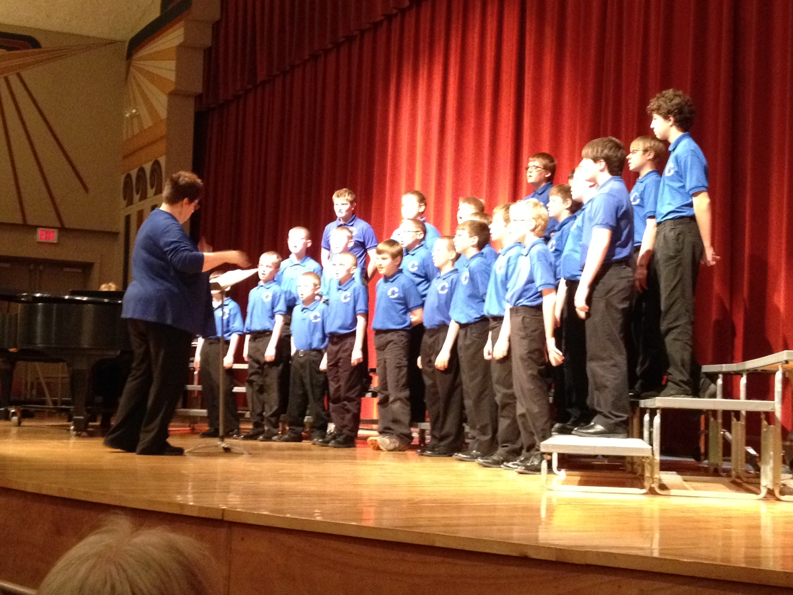 Mary Moen directs the Central Minnesota Boys Choir while they perform for WDC Elementary students Monday, April 14 at the Wadena Memorial Auditorium. (Photo by Louis Rutten, WDC Schools)