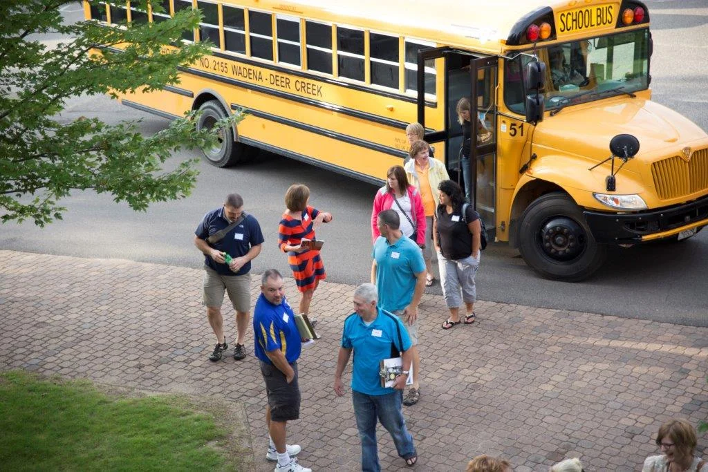 WDC teachers arriving at the workshop in two WDC school buses on Thursday, Aug. 28 at Madden's. (Courtesy photo)