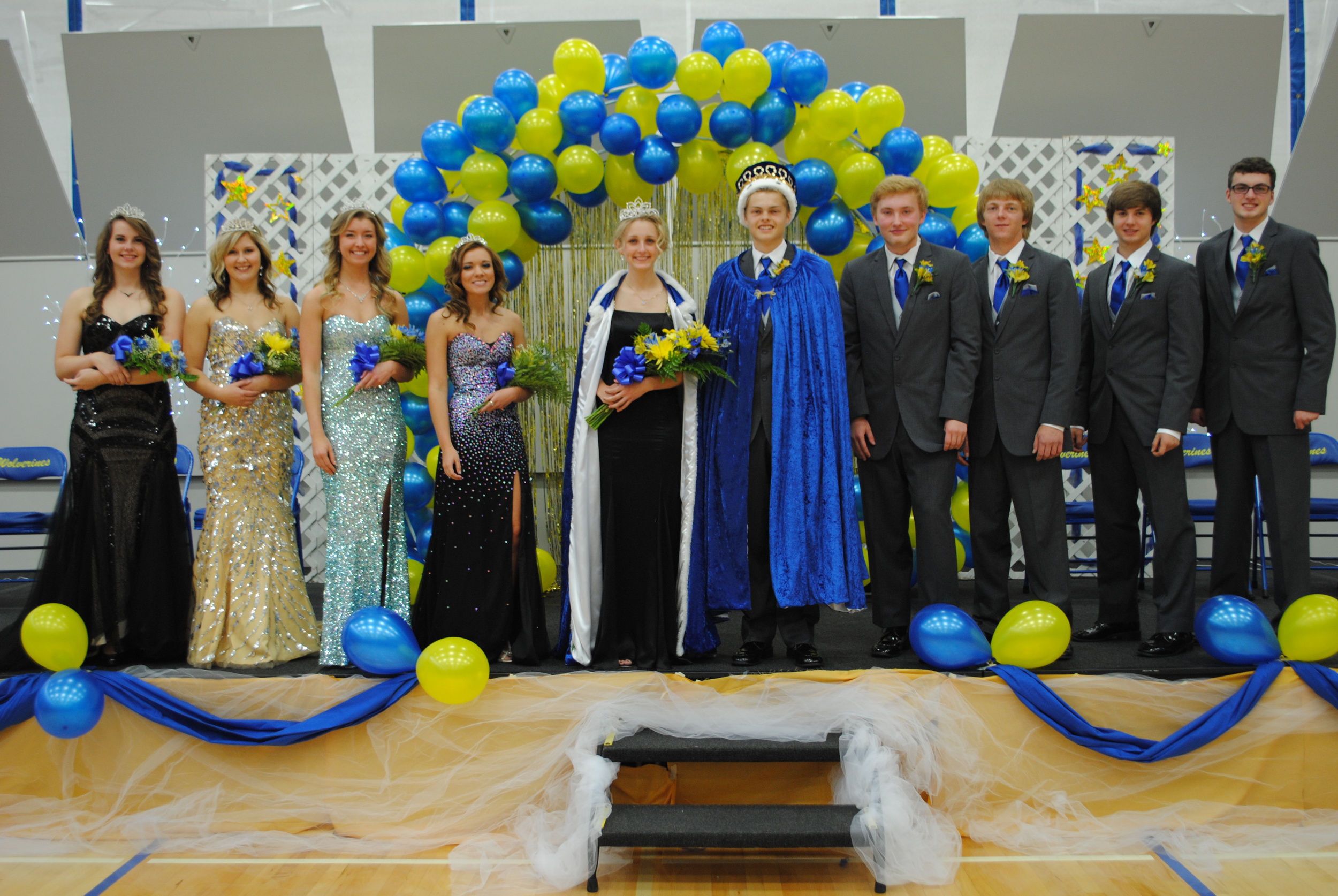 Wadena-Deer Creek High School’s 2014 Homecoming Court, from left: Jennifer Craig, Kristyn Ament, Carrie Nelson, Shaye Blessing, Queen Marissa Jahnke, King Brody Wangsness, Wade Piper, Michael Moen, Austin Koljonen and Matthew Quincer. 