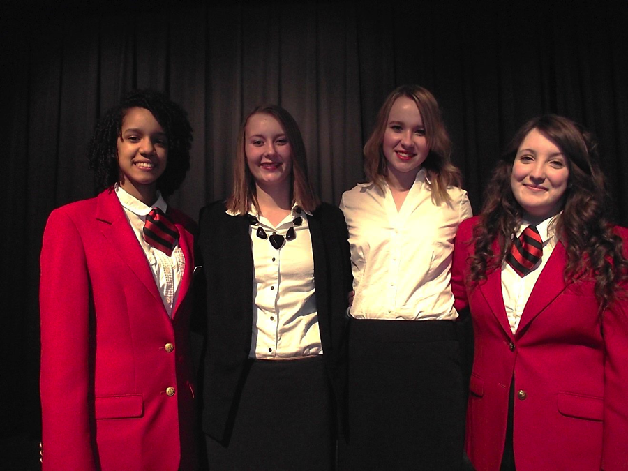 WDC FCCLA members, from left, Kayla Hanson, Jessica Langer, Anissa Mench and Hope Norenberg competed in the Region 6 STAR event on Feb. 9. All four advanced to the State STAR competition. Hanson and Norenberg are wearing red blazers because they serve as FCCLA regional and state officers — Hanson is the Region 6 treasurer and Norenberg is the State Vice President of Public Relations. (Courtesy photo)