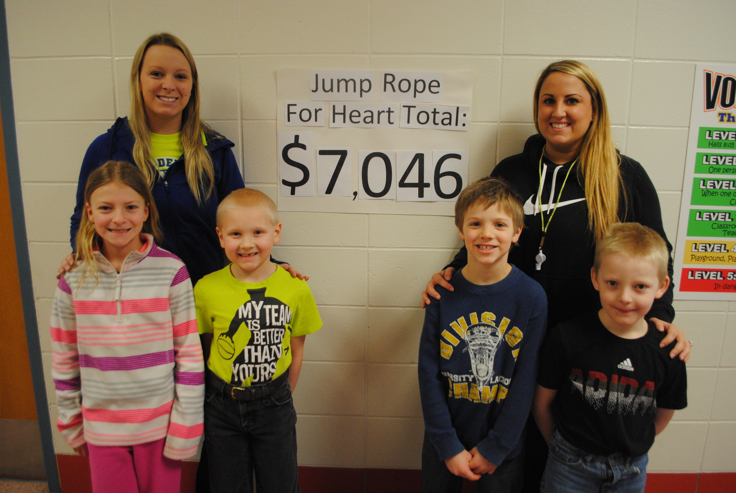 WDC Elementary surpassed their goal of $5,000 for Jump Rope for Heart, raising a whopping $7,046! Pictured with Physical Education teachers Katie Hill (left) and Danielle Jetvig-Renner, from left, are second-graders Montana Carsten, Axel Lindquist, Kobe Snyder and Logan Grangruth. 