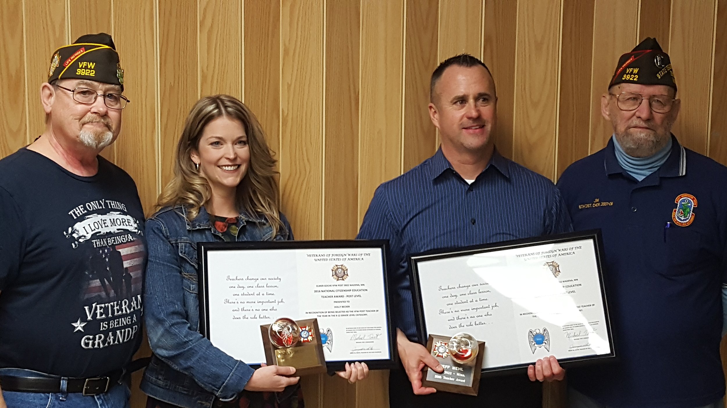 Pictured at the award presentation, from left to right: Michael Tast, Wadena VFW Commander; Holly Becker, Jeff Mehl, and Jim White, VFW Teacher of the Year Committee Chair. Photo by Louis Rutten, WDC Schools.