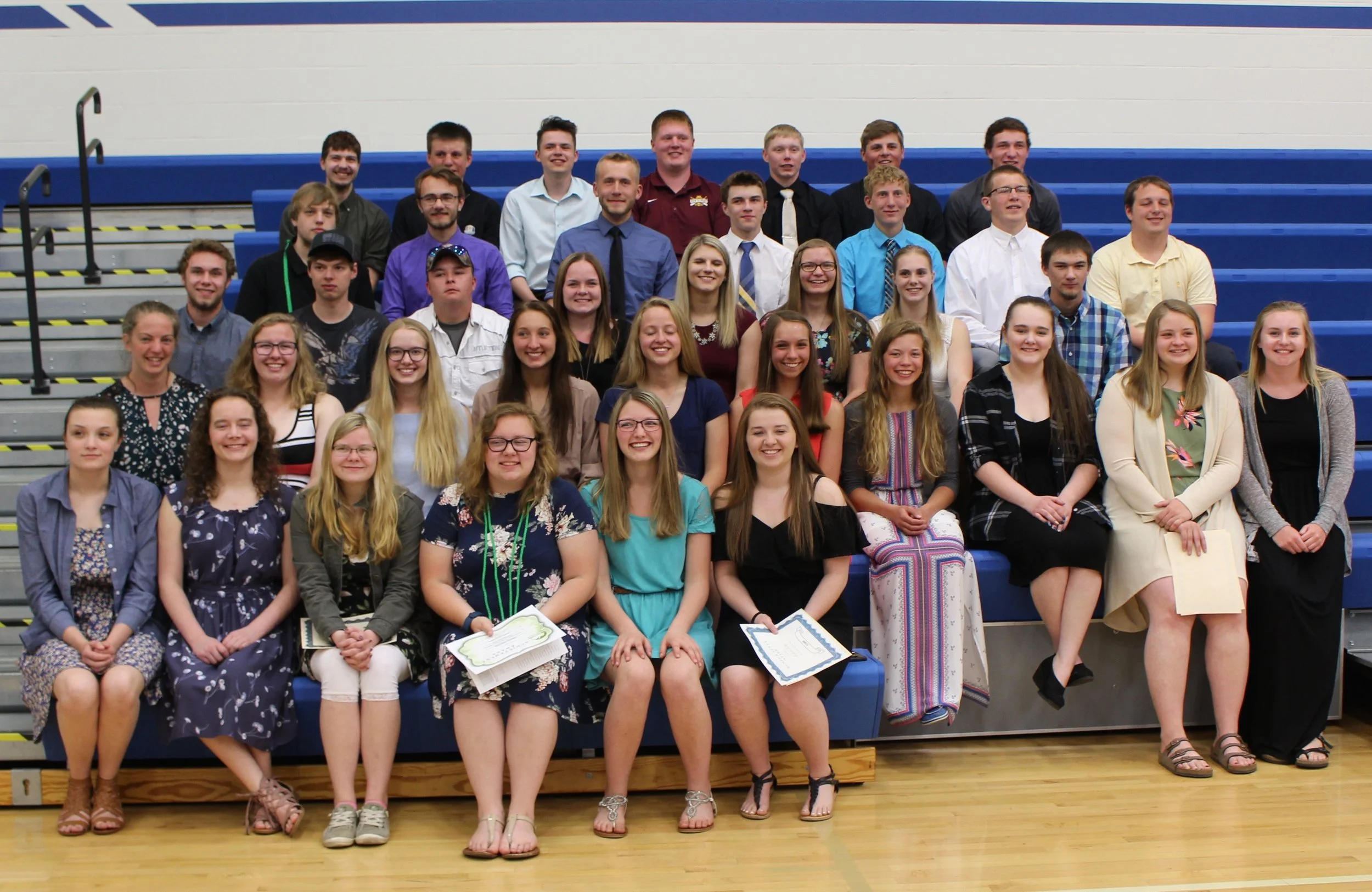 Students in attendance for the Senior Awards included, back row from left: Anthony Trettel-Miller, Noah Ross, Thomas Quincer, Henry Fitzsimmons, Preston Warren, Jake Dykhoff, and Matt Goeden; fourth row: Tyler Jahnke, Mitchel Haman, Lucas Doyle, Ryan Grendahl, Mason Evans, Steven Erkenbrack, and Alexzander Burckhard; third row: Bryce Cooper, Andrew Sundby, Dylan Waln, Courtney Kern, Kirstan Finn, Tiffany Meeks, Emily Benson, and Christopher Hahn; second row: Elizabeth Miron, Kate Schmidt, Katlyn Heaton, Casey Volkmann, Lila Lohmiller, Alexandria Kahl, Jezebel Snyder, Caitlin Savage, Jordan Brink and Abigail Westrum; front row: Raine Curtis, Lindy Jones, Tabitha Janke-Gregory, Hayley Maloney, RaeAnn Sutherland and Madison Phillips. Not pictured: Bobby Olson. (Photo by Donna Sartell, WDC Schools.)