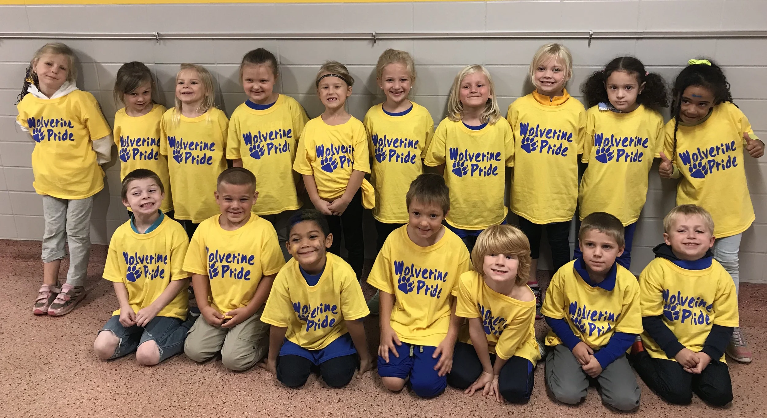 Mrs. Morlock’s kindergarteners proudly show off their Wolverine Pride T-shirts!
