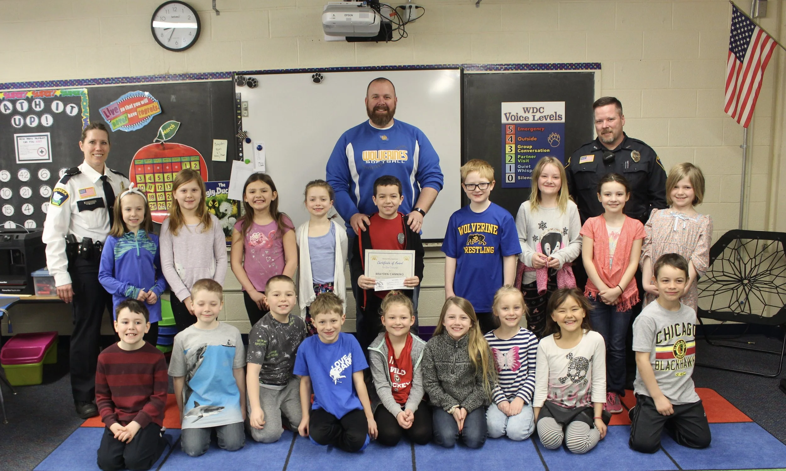 Proud day for Wadena-Deer Creek Schools as 8-year-old second-grader Brayden Canning was honored for saving his great-grandma’s life. Brayden was presented with a Citizenship Award from the Wadena Police Department in front of his second-grade class and teacher Mr. Ferris. Photo by Dana Cantleberry, WDC Schools.