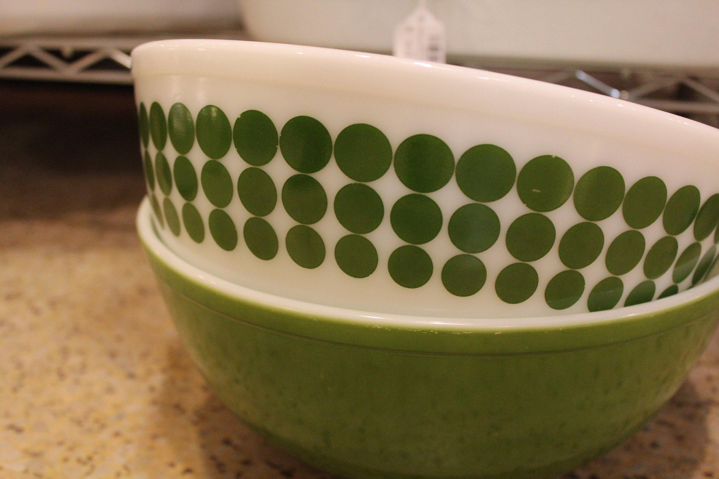 mid-century modern green and white bowls