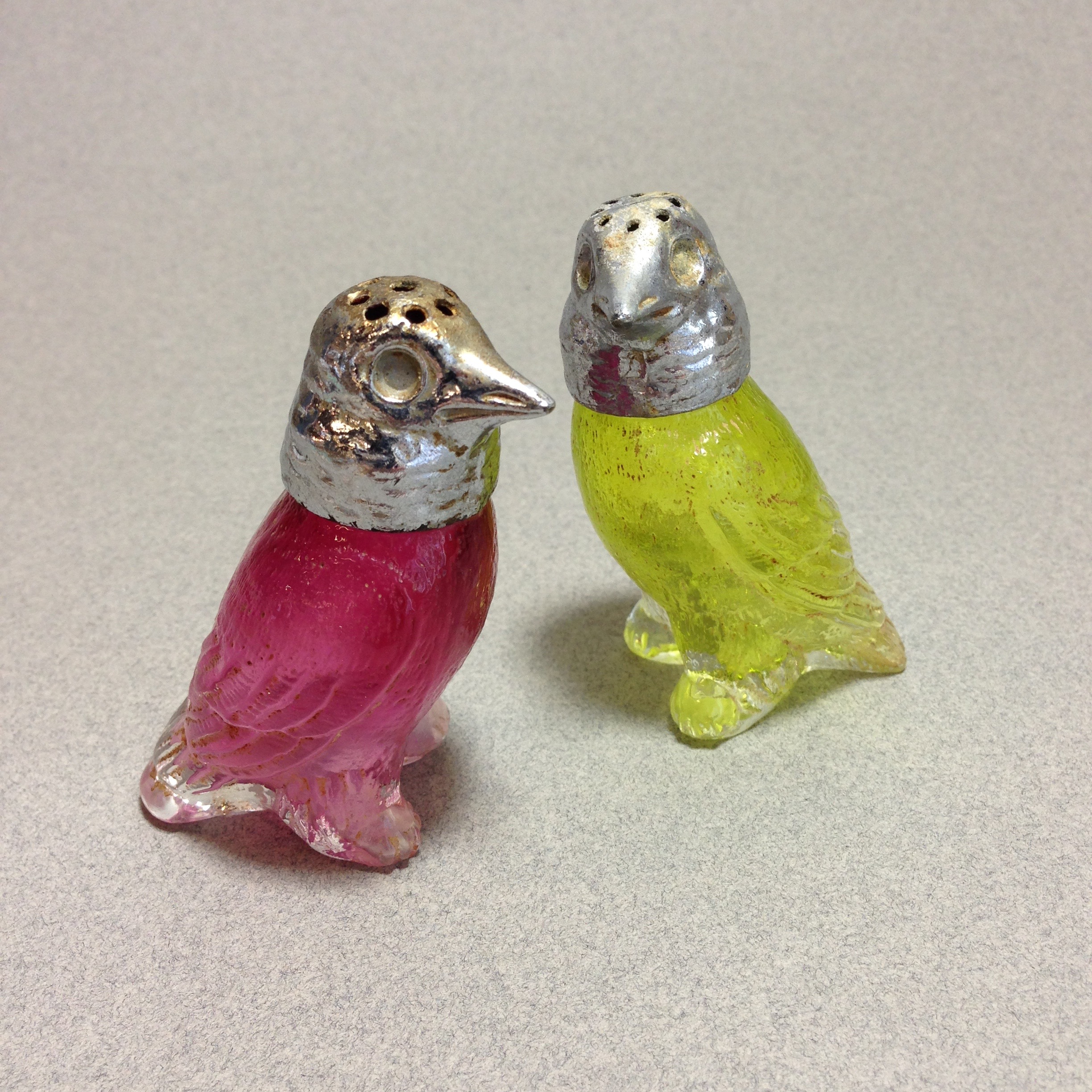 Silver and glass yelow and pink bird salt & pepper shakers