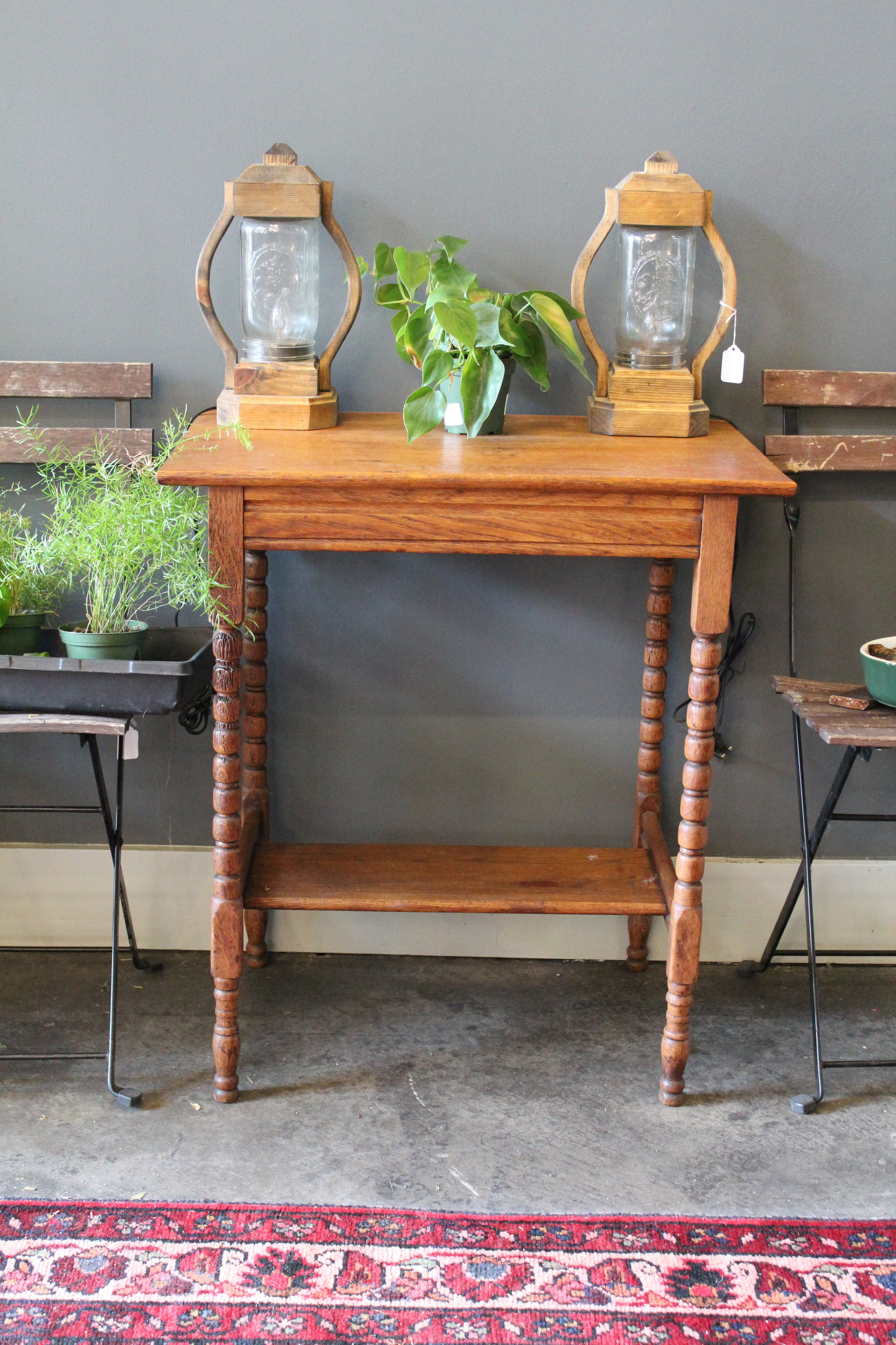Wooden Side Table and Mason Jar Lanterns