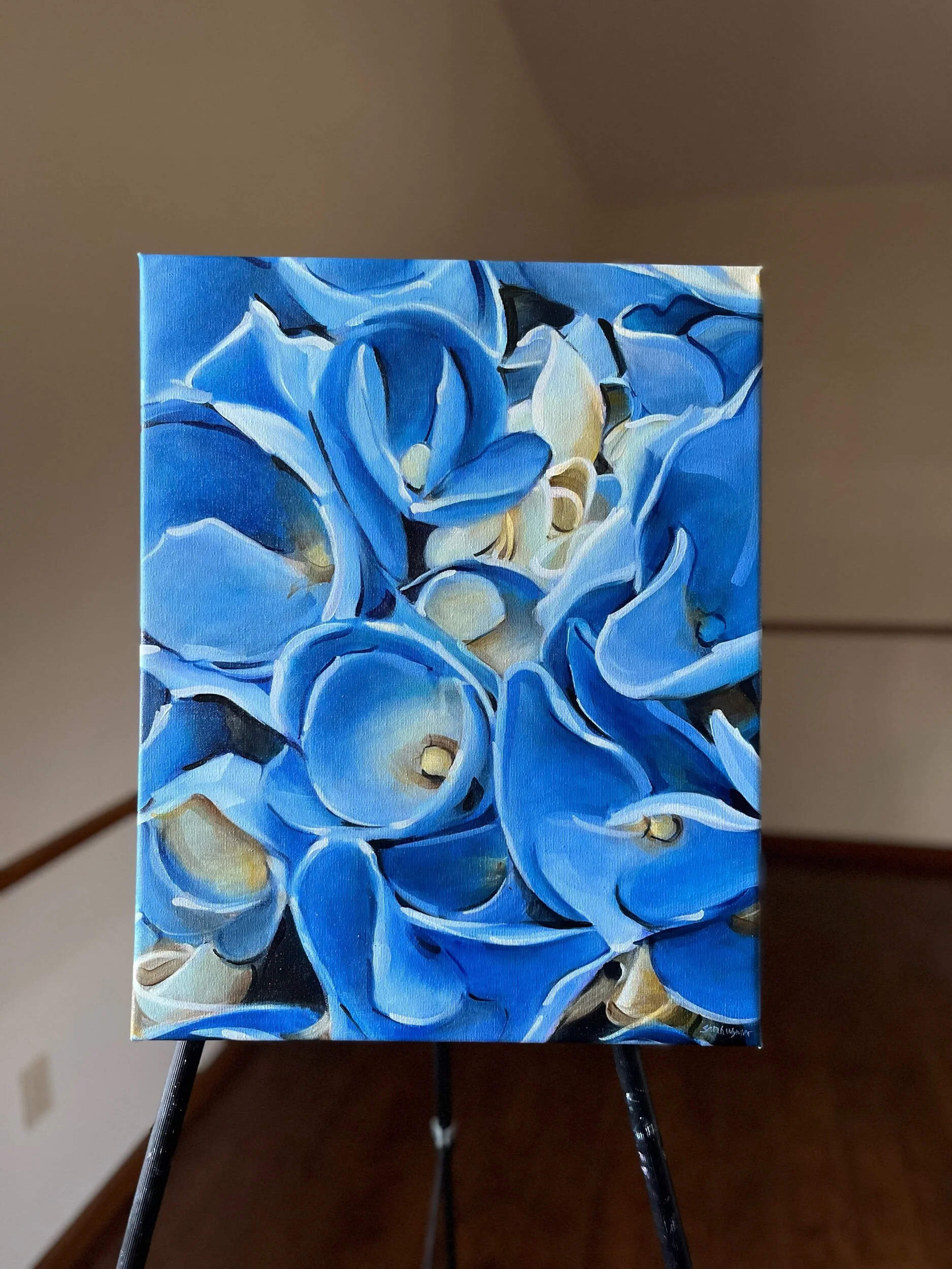 Original oil painting of blue hydrangeas on canvas, 16x20 floral wall art by artist Sarah Wymer