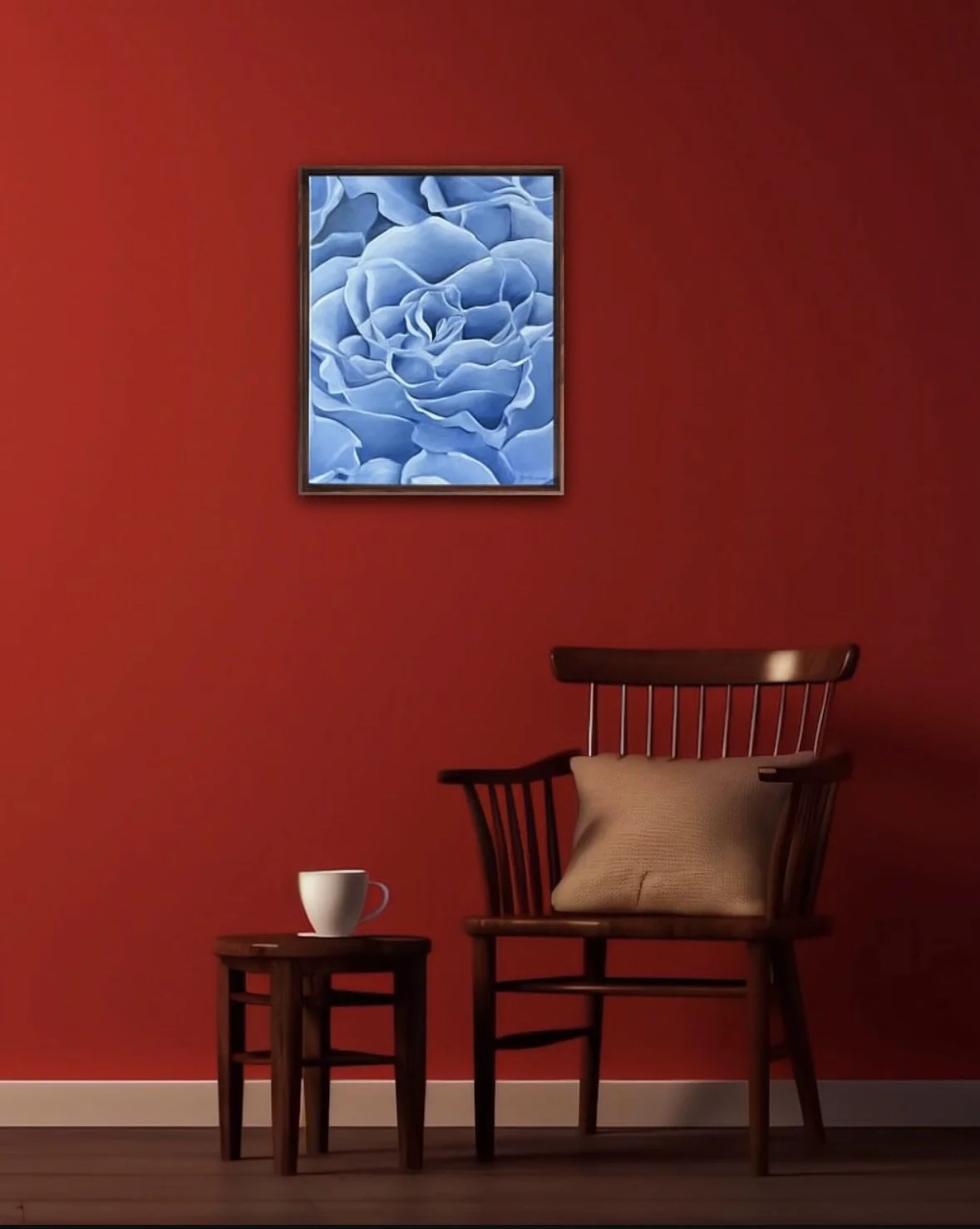 Original 16x20 oil painting of a blue rose, bold floral canvas artwork styled as wall decor by artist Sarah Wymer