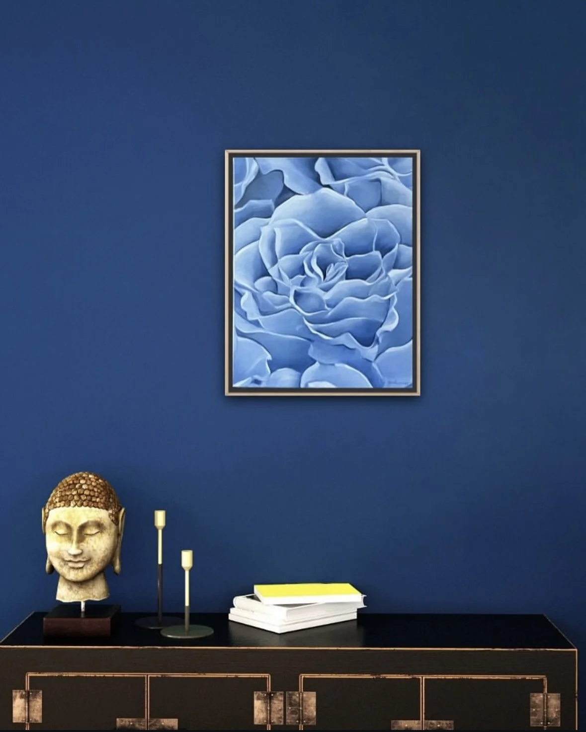 Blue rose oil painting displayed as floral wall art in modern home interior, original canvas painting by Sarah Wymer