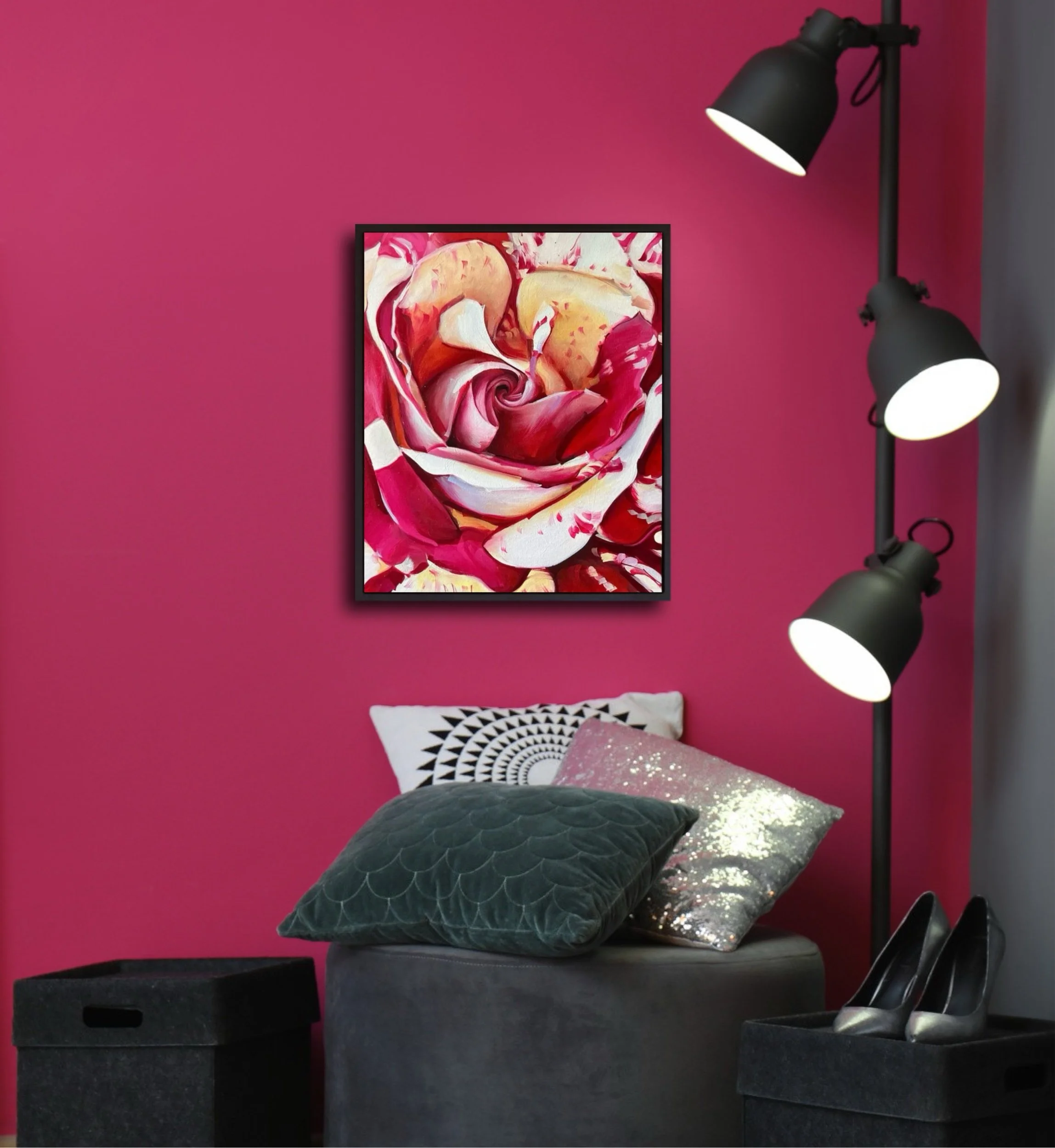 Red and cream rose oil painting displayed as floral wall art in modern home interior, canvas artwork by Sarah Wymer