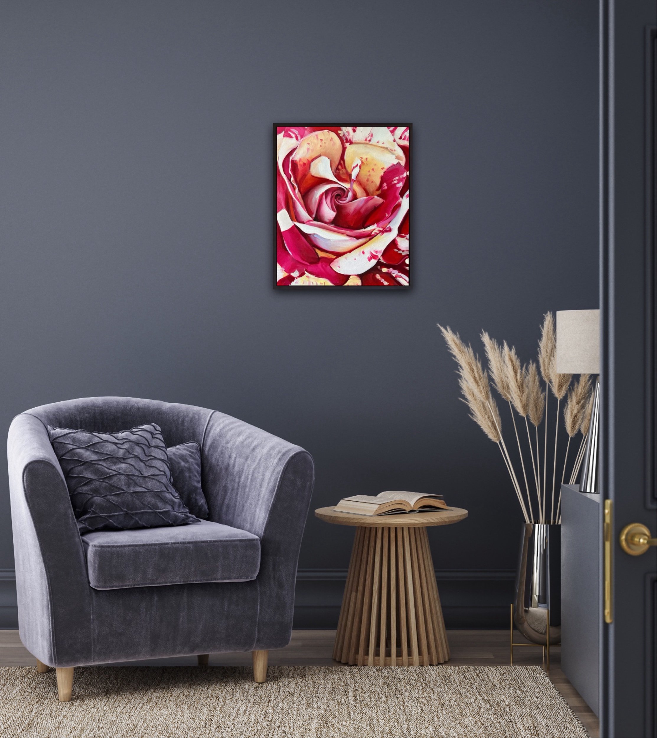 Original rose oil painting styled on wall, red and cream floral canvas artwork by artist Sarah Wymer