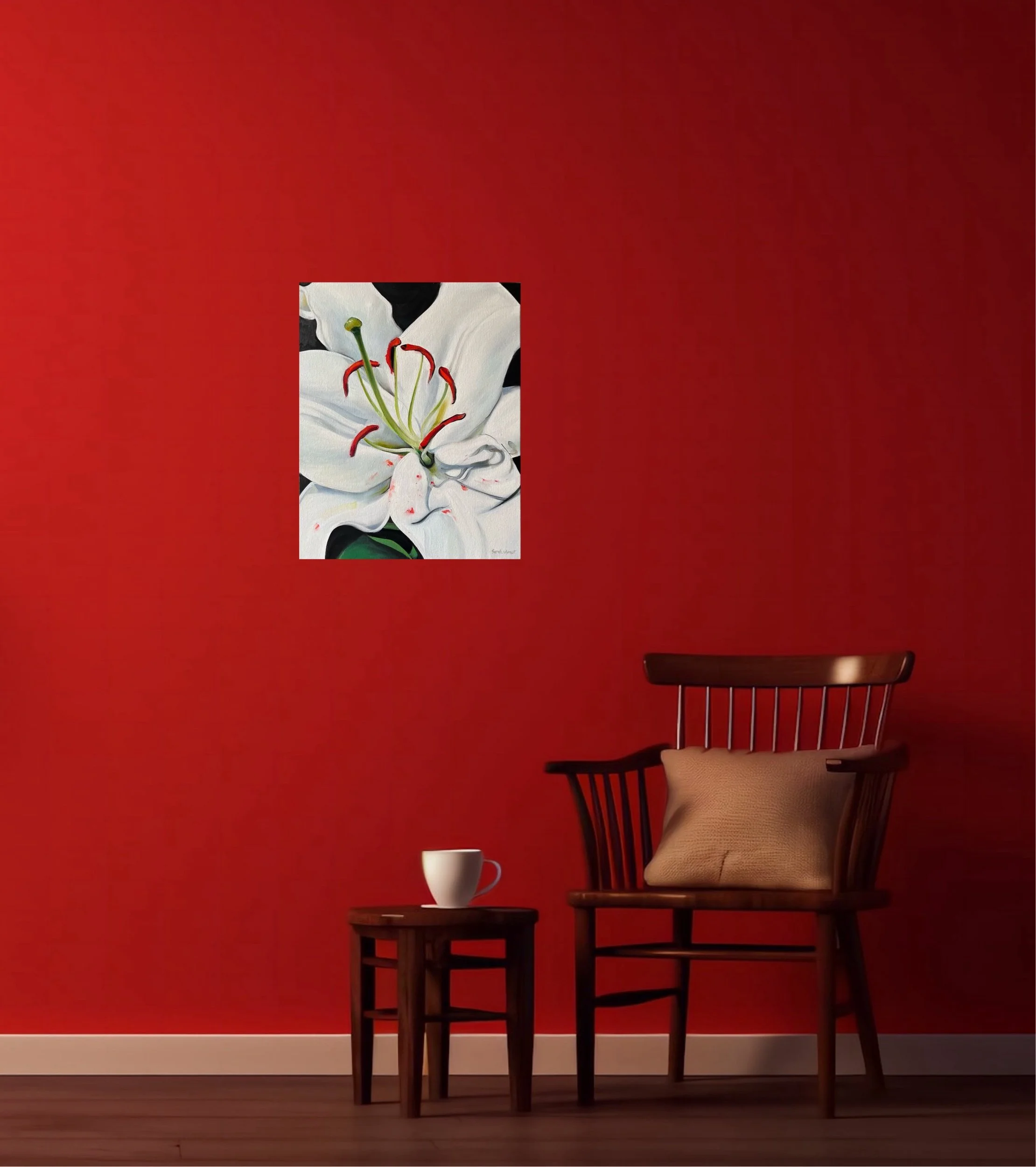 Original white lily oil painting styled as elegant floral wall art, canvas painting by Sarah Wymer