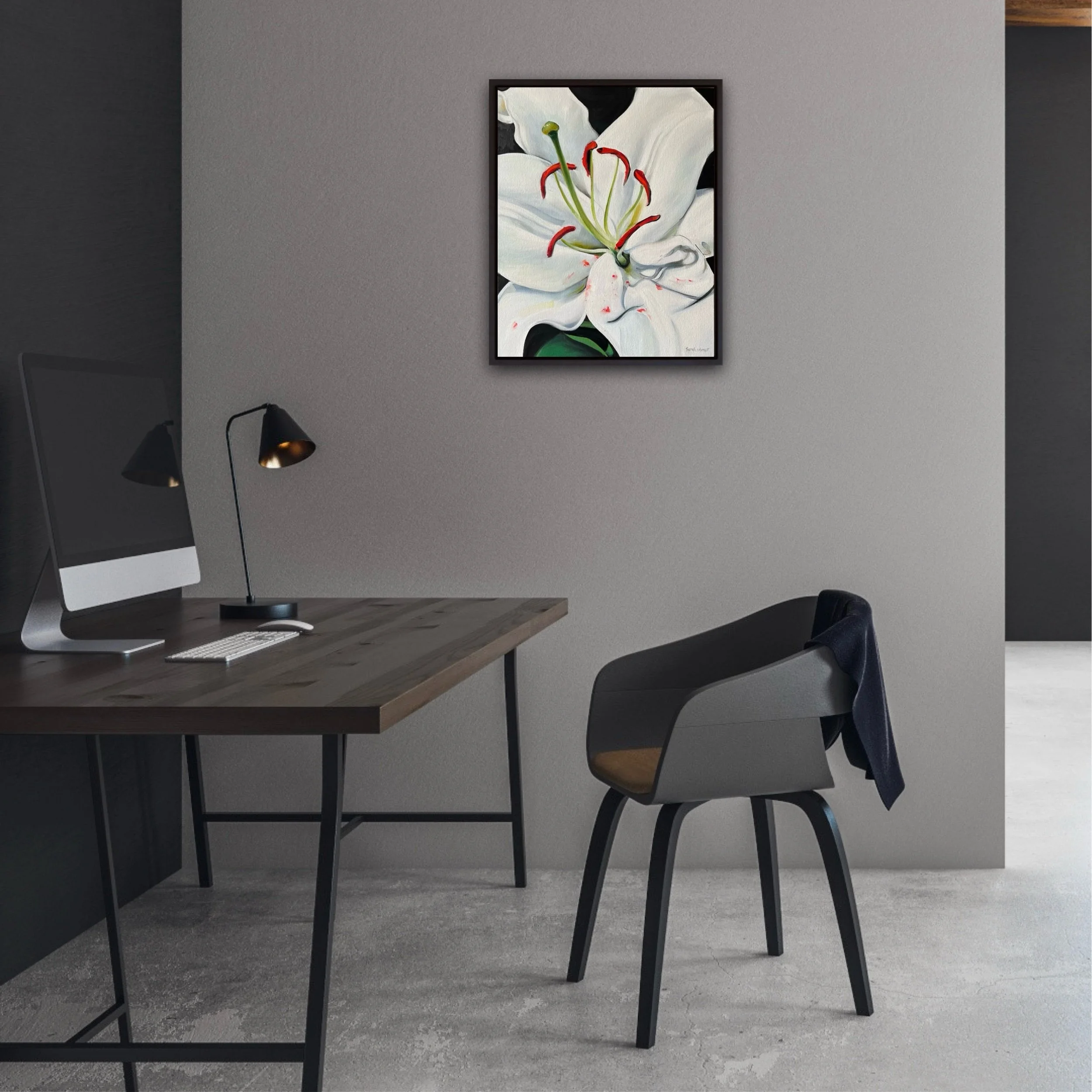 White lily oil painting displayed in modern home interior, floral canvas artwork by Sarah Wymer