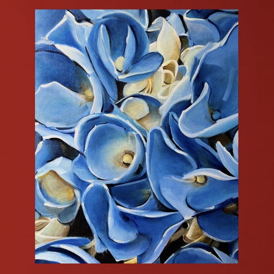 Original oil painting of blue hydrangeas on canvas, 16x20 floral wall art by artist Sarah Wymer
