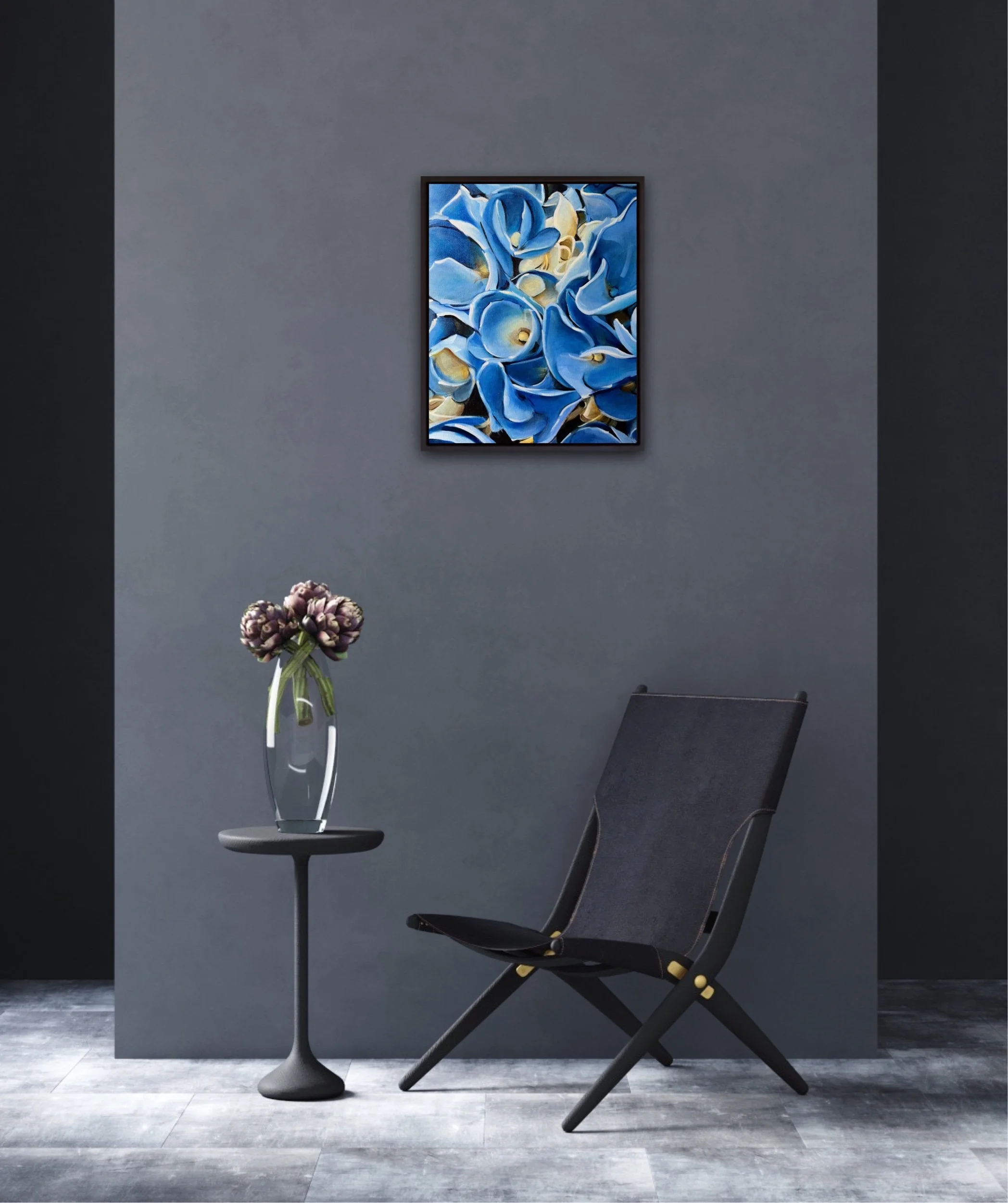 Blue hydrangea oil painting styled on gray wall interior, original floral artwork by Sarah Wymer
