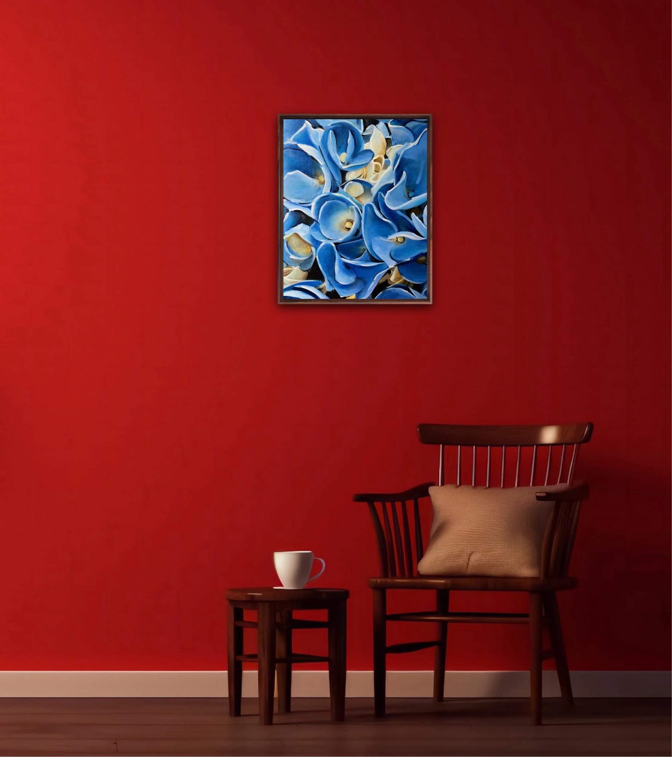 Blue hydrangea oil painting on display in modern living room, floral wall art by Sarah Wymer