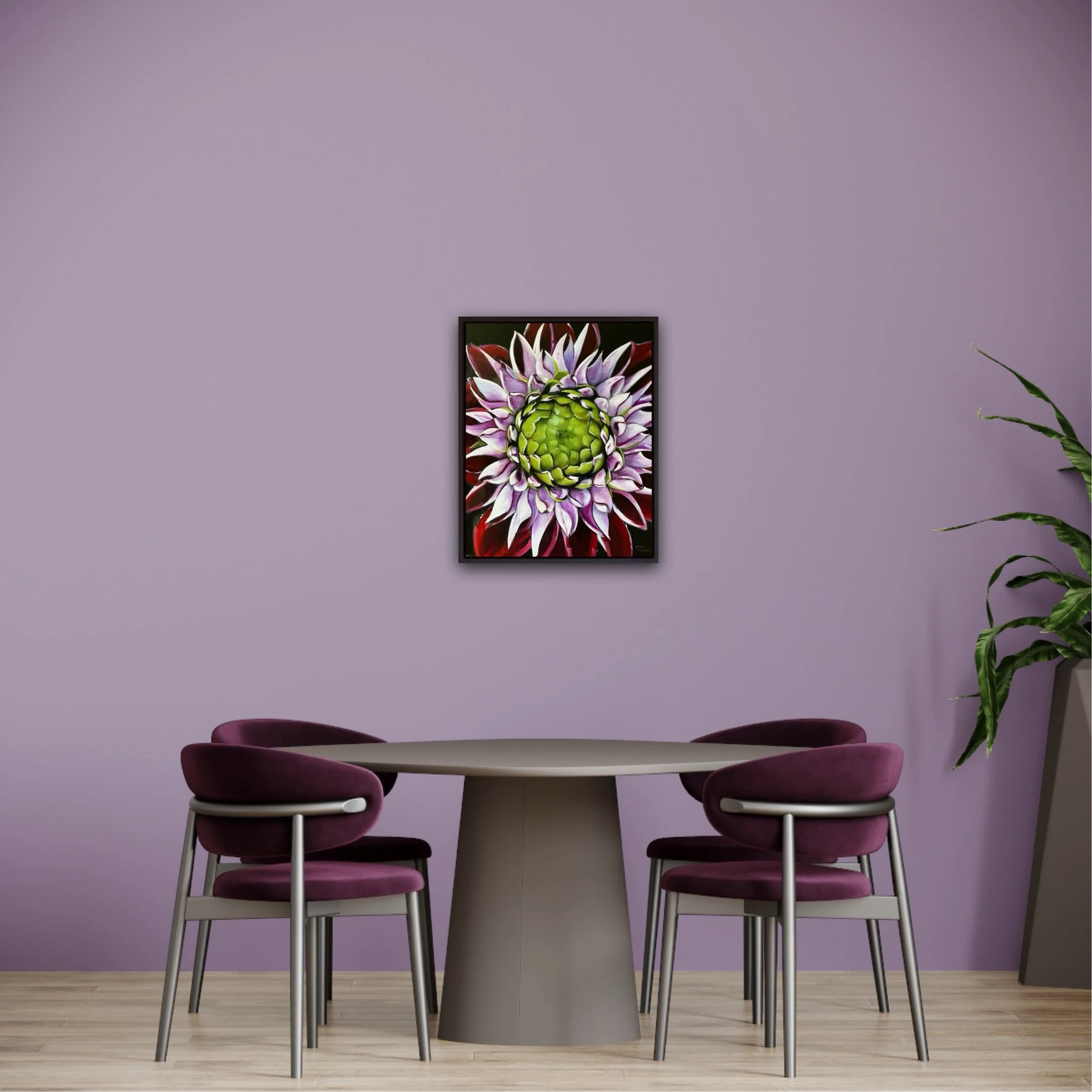 Original dahlia oil painting styled on wall, bold botanical floral canvas art by Sarah Wymer