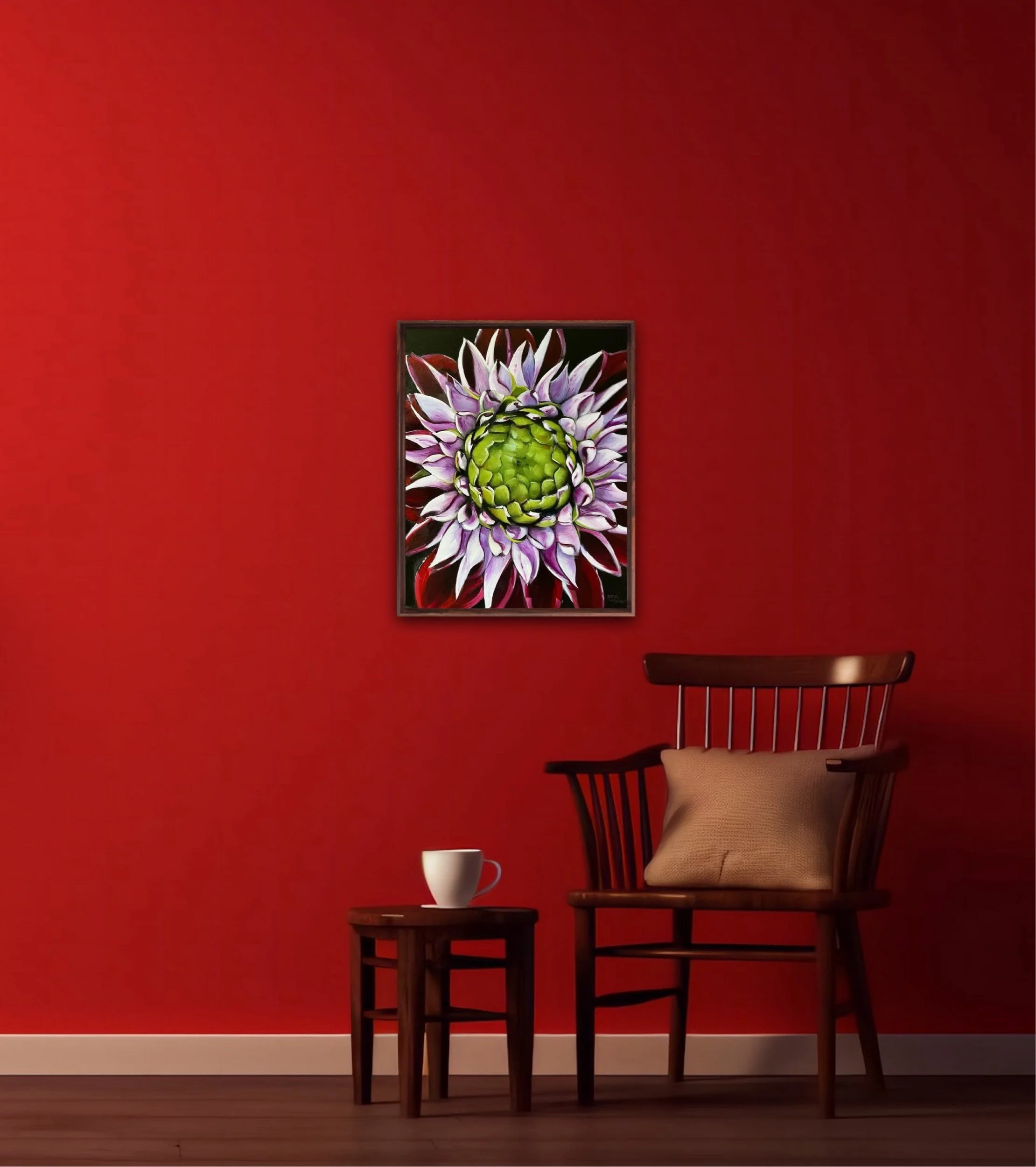 Purple and green dahlia oil painting displayed as modern floral wall art in home interior, original canvas artwork by Sarah Wymer