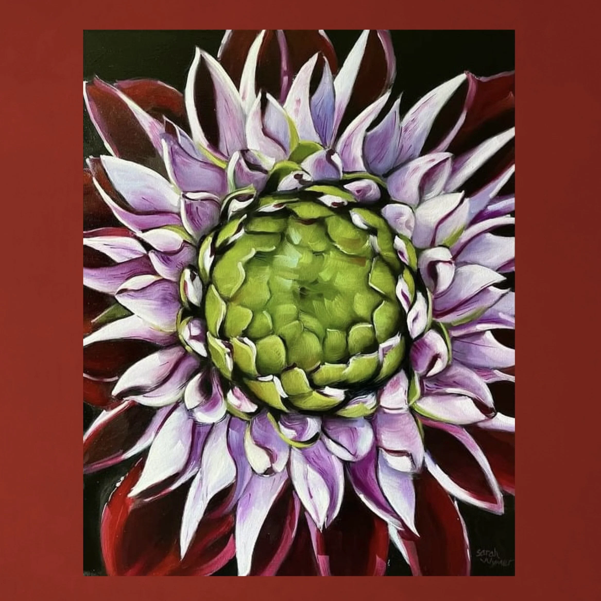 Original oil painting of a purple and green dahlia flower, 16x20 floral wall art on canvas by artist Sarah Wymer