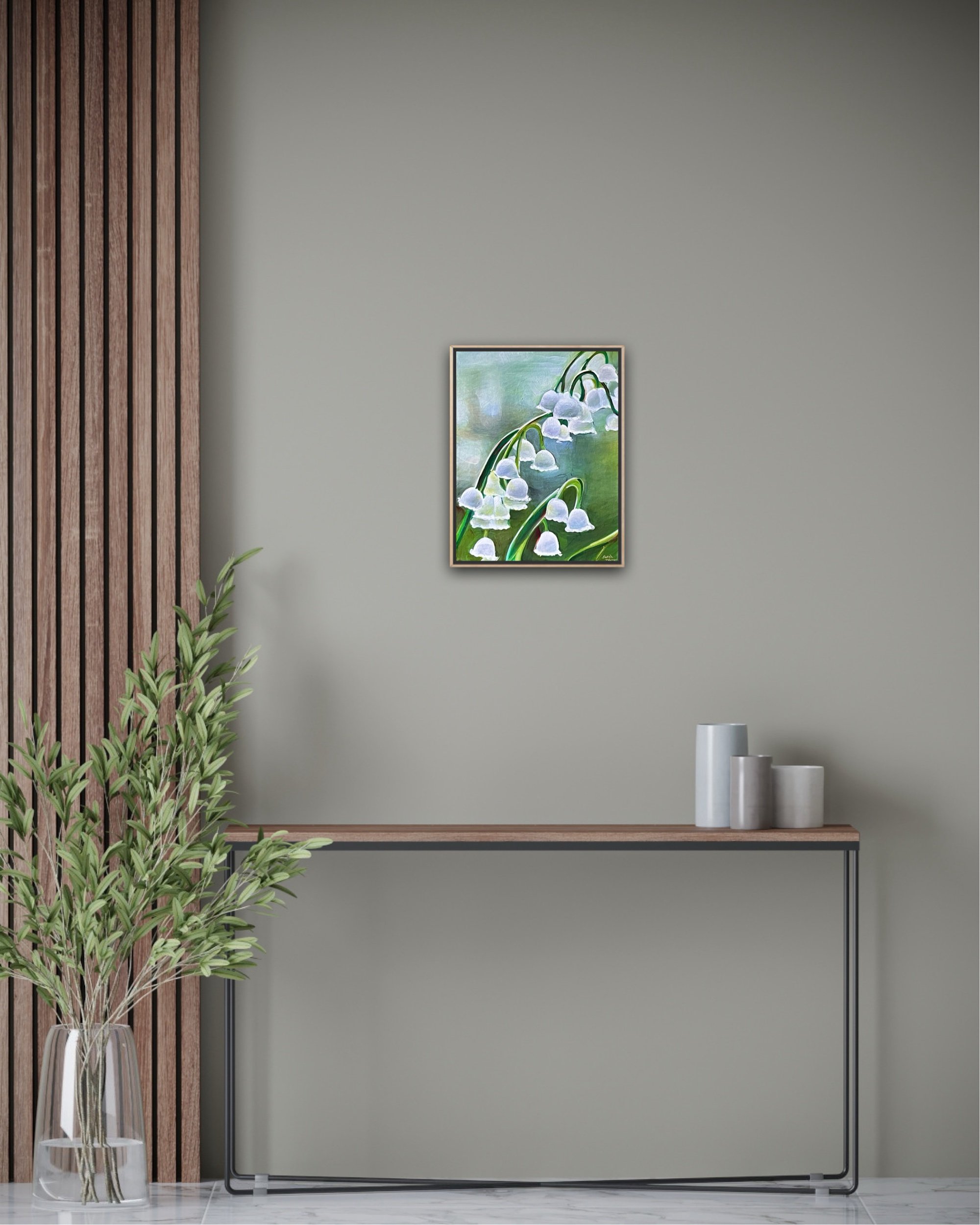 Lily of the valley oil painting displayed as botanical floral wall art in modern home interior, canvas artwork by Sarah Wymer