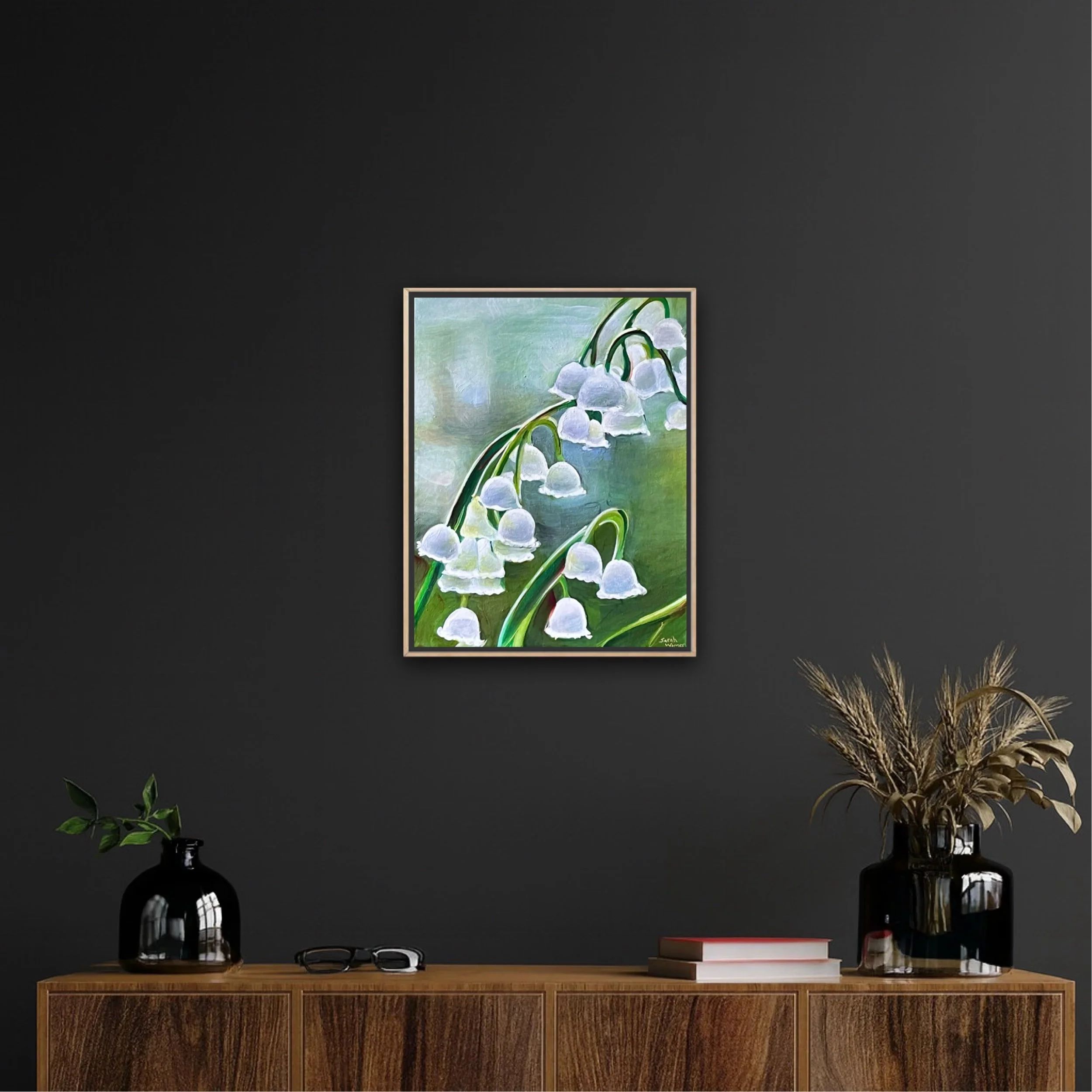 Original 11x14 oil painting of lily of the valley flowers, elegant floral canvas artwork styled as home wall decor by Sarah Wymer