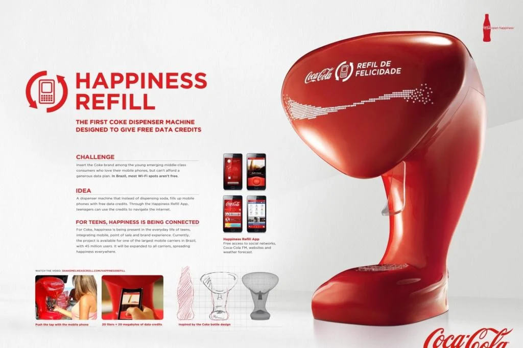 Coca-Cola Happiness Refill Machine - allowing customers to fill up with free mobile data credits. Brand Religion - Happiness
