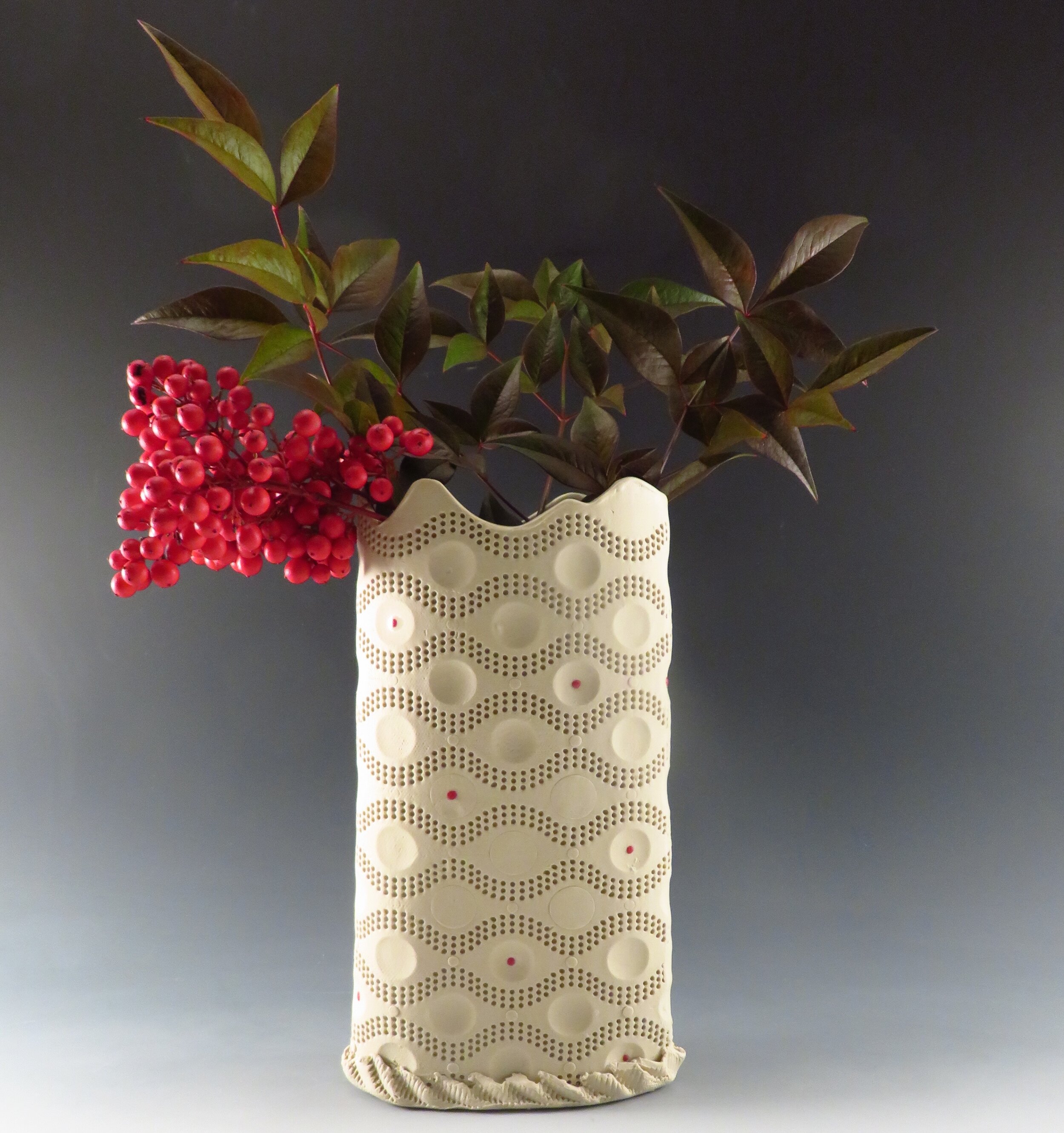  Hand built, stamped white vase 