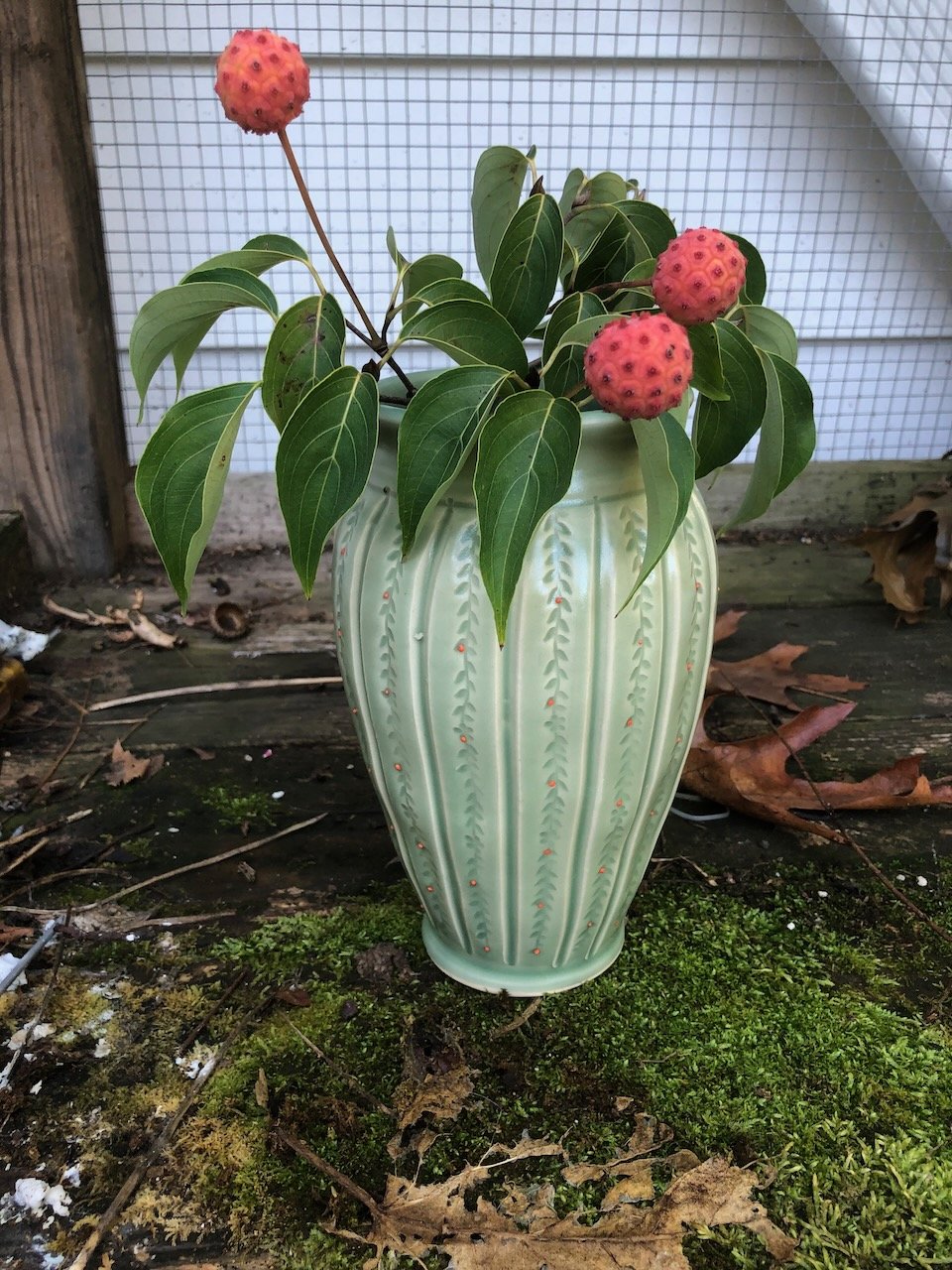  Ribbed McGuire Green vase 4”x7” with orange dots 