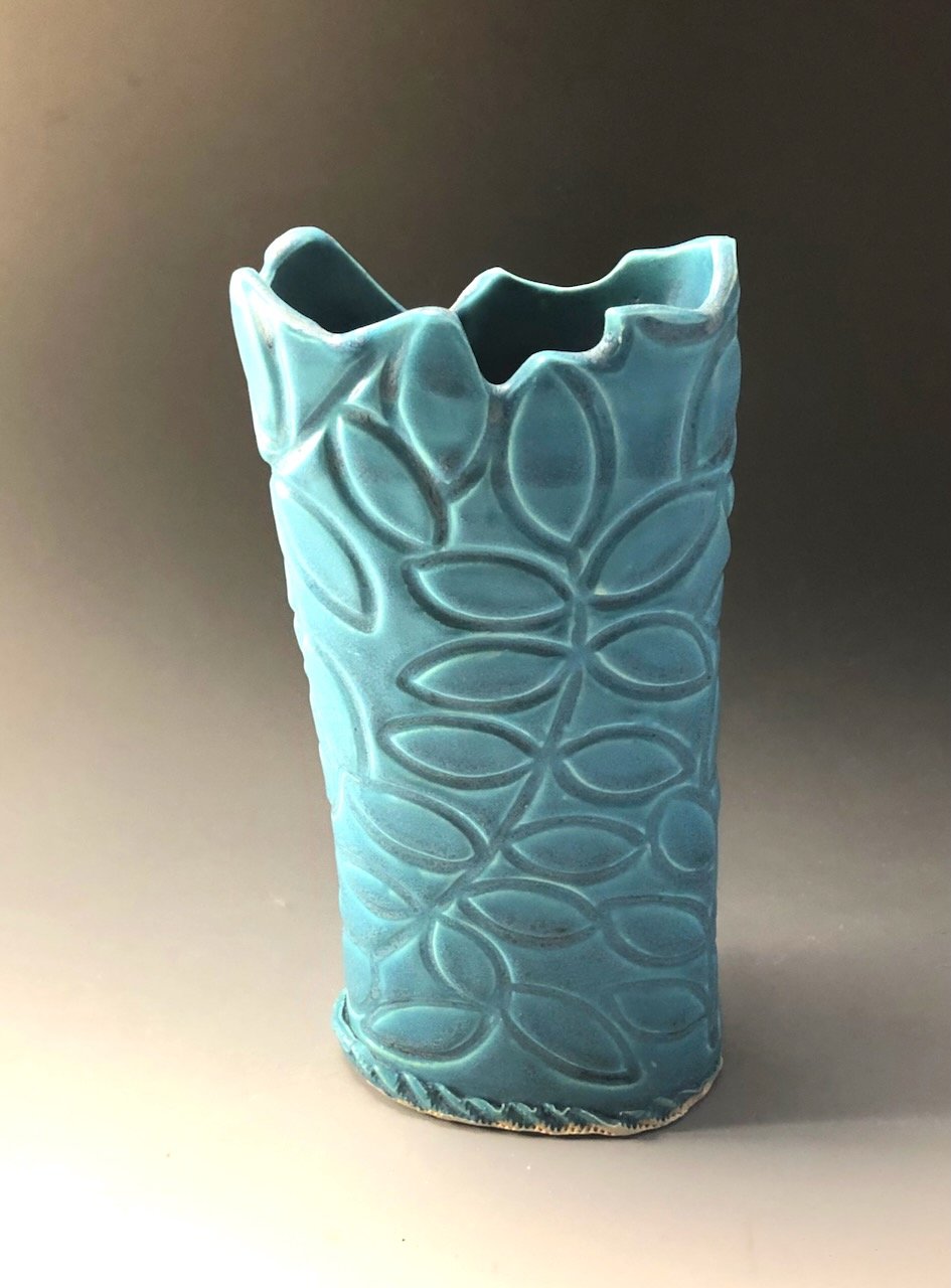  Turquoise hand built vase 11” x5” 