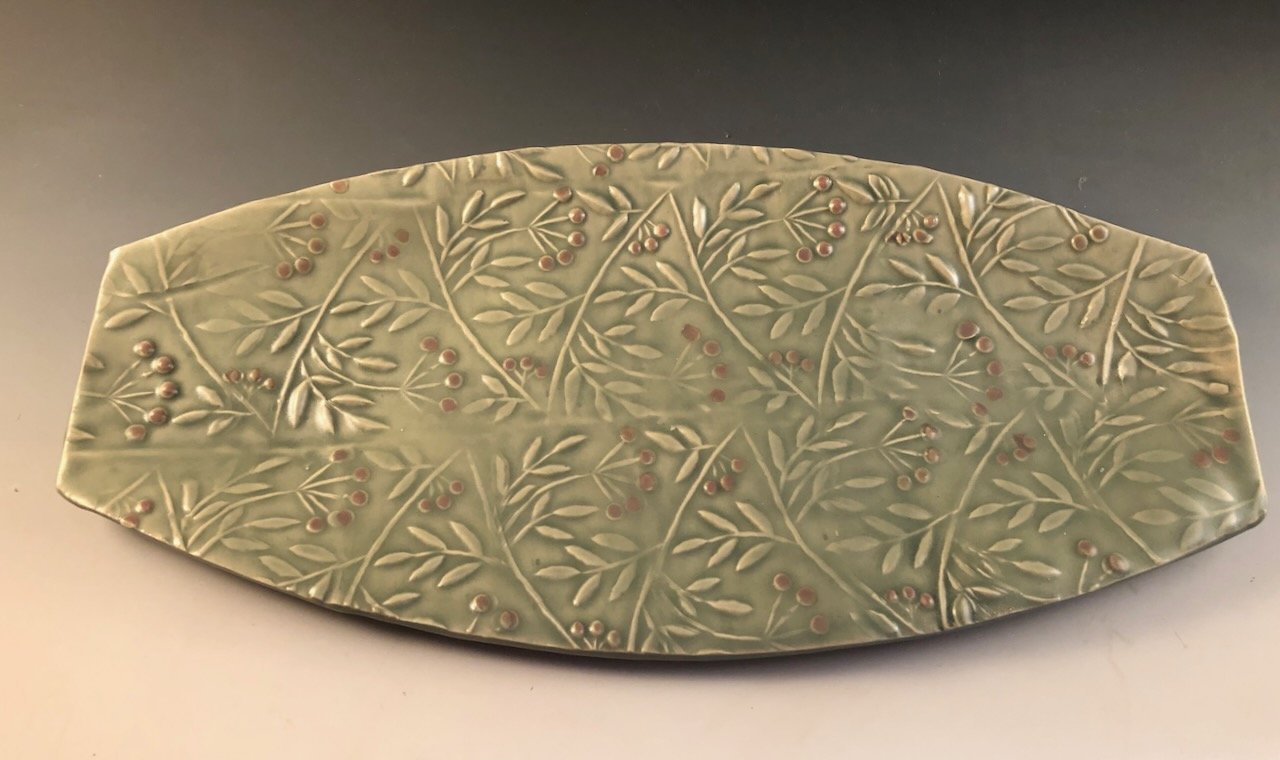  Long McGuire Green tray with pink berries  17” x5” 