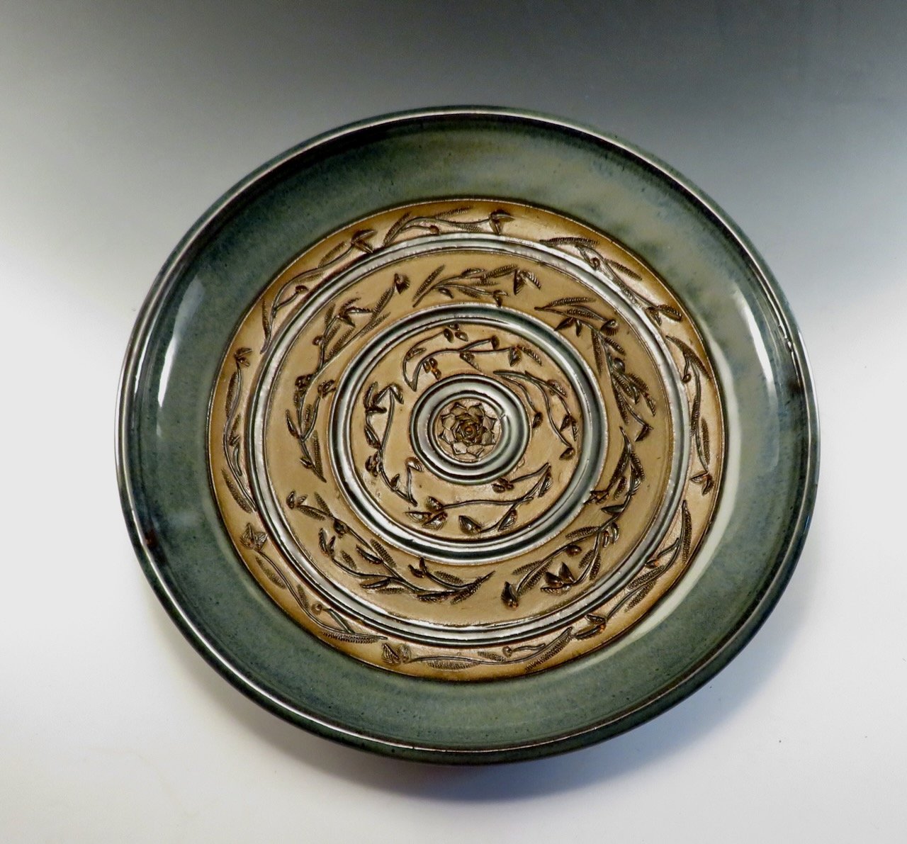  Large inscribed platter with Lisa blue glaze 