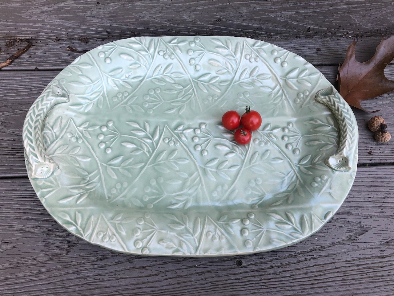  McGuire Green flowered tray with handles 11x15” 