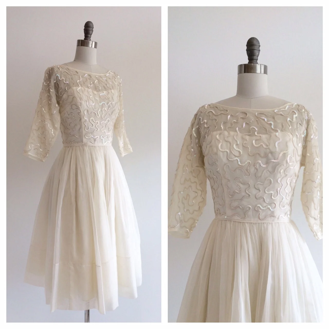ivory tea length dress with sleeves