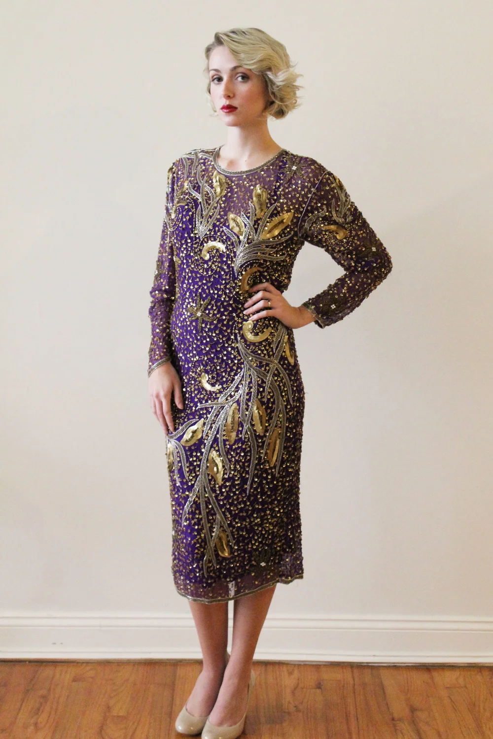 open lace back dress Sequined Purple Vintage 90s Party Dress - Retro Prom Gown main image 0