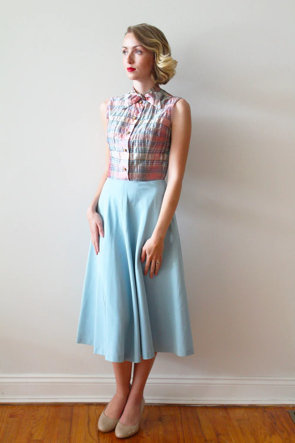 1950s-60s Blue Party Dress with Plaid Bodice — Miranda's Vintage Bridal