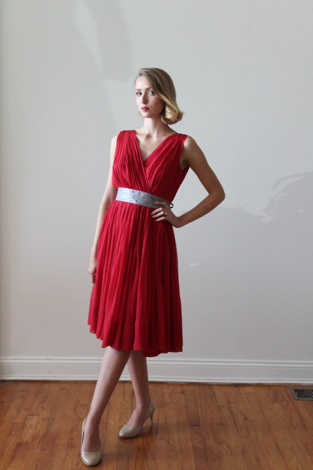 1950s Red Chiffon Party Dress with Leather Belt  Miranda's Vintage Bridal