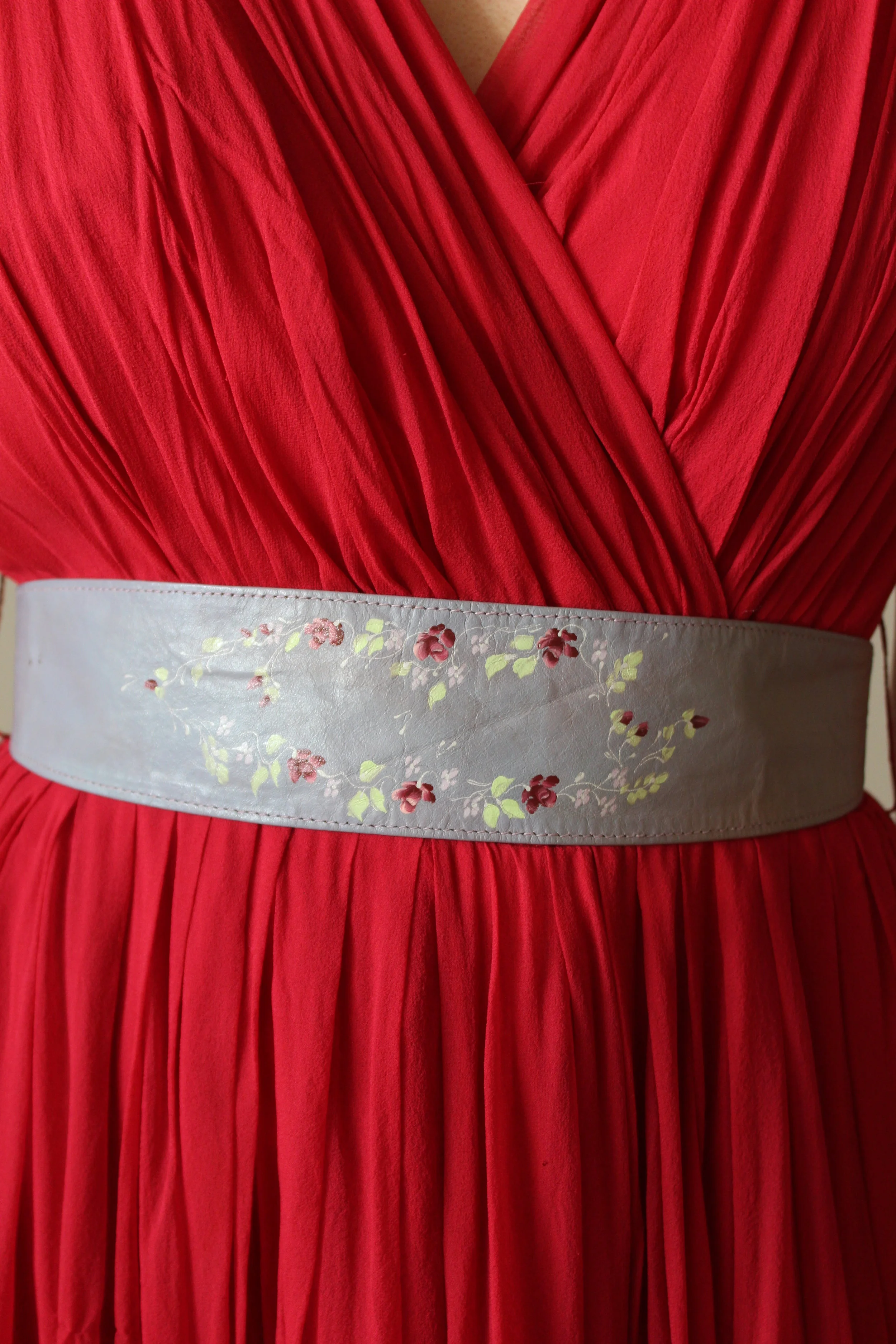 1950s Red Chiffon Party Dress with Leather Belt