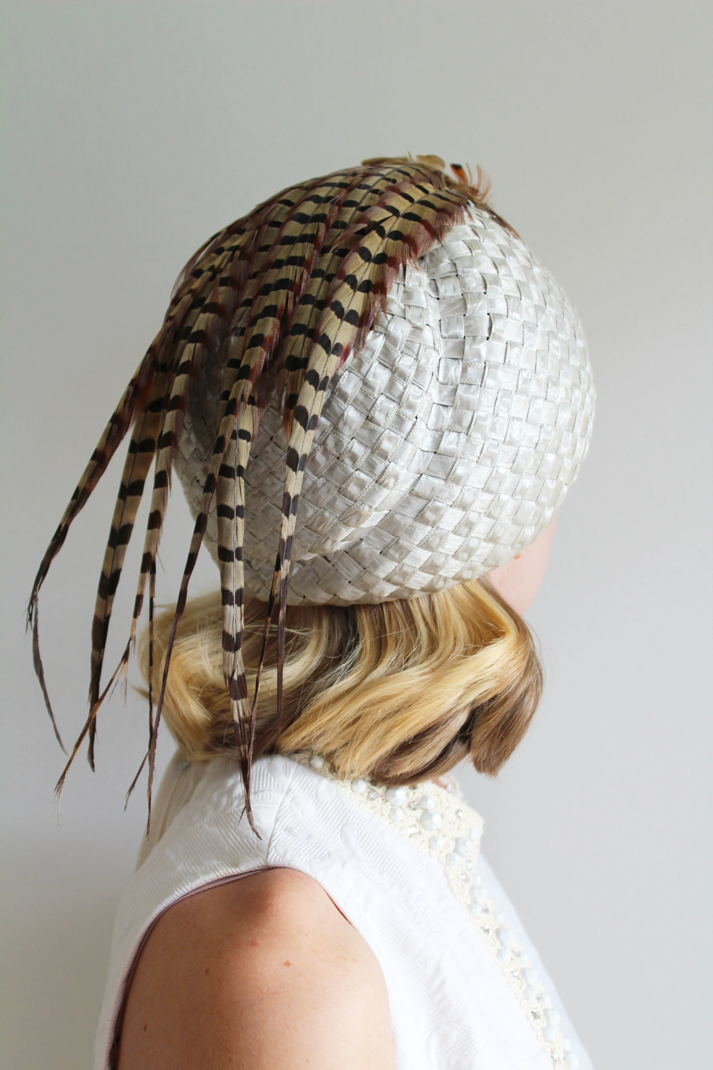 Vintage Woven Silver Hat with Feathers