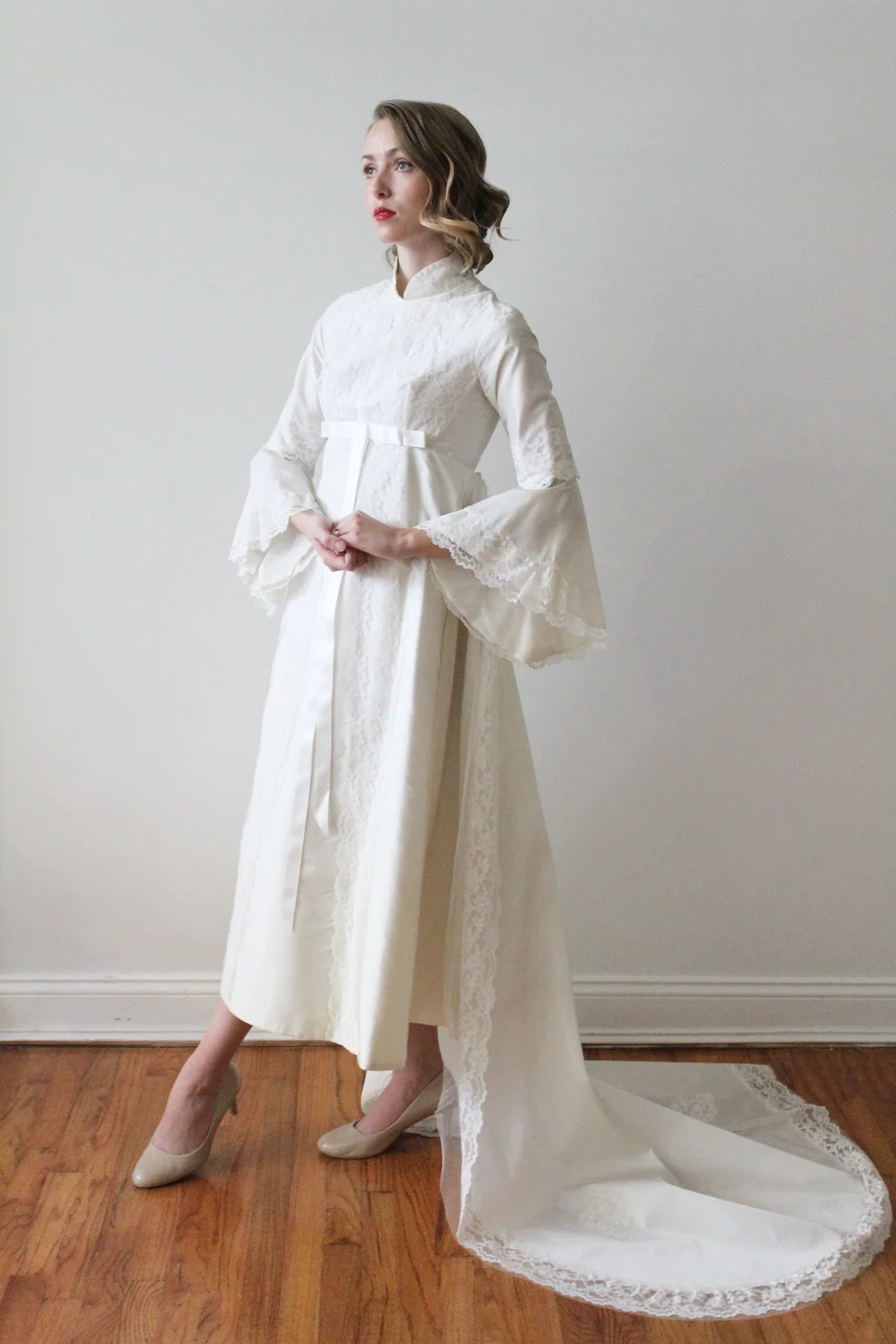 Vintage 1960s Butterfly Sleeve Wedding Dress - Winifred  Miranda's Vintage  Bridal