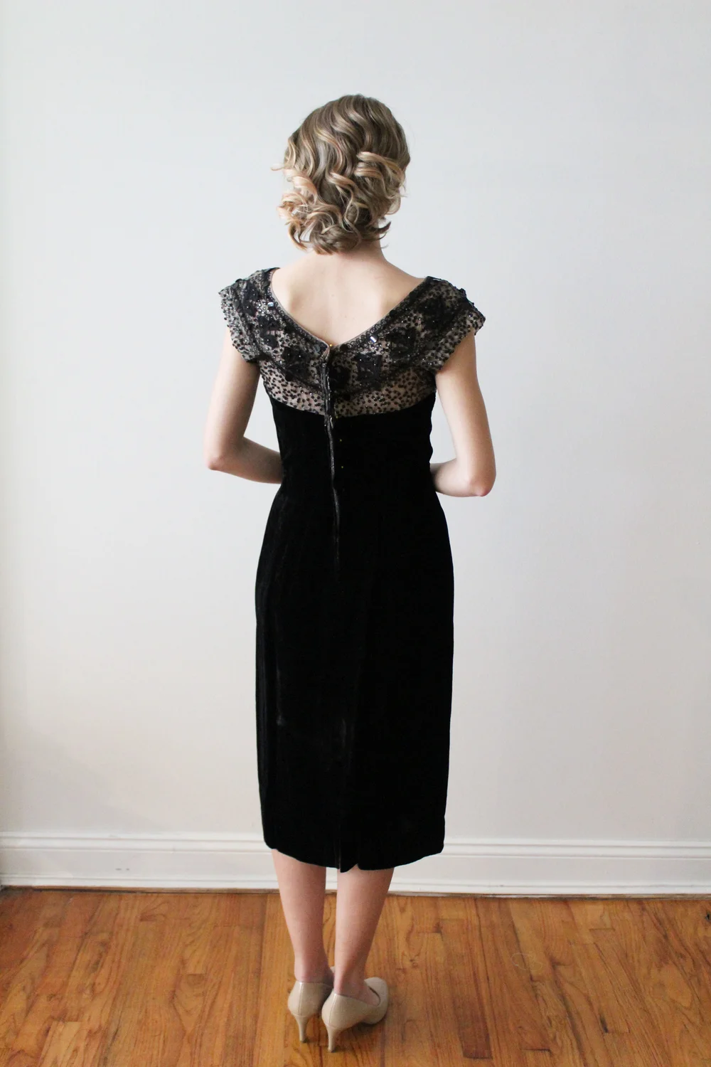 open lace back dress Amari Silk-Velvet Midi Dress in Black