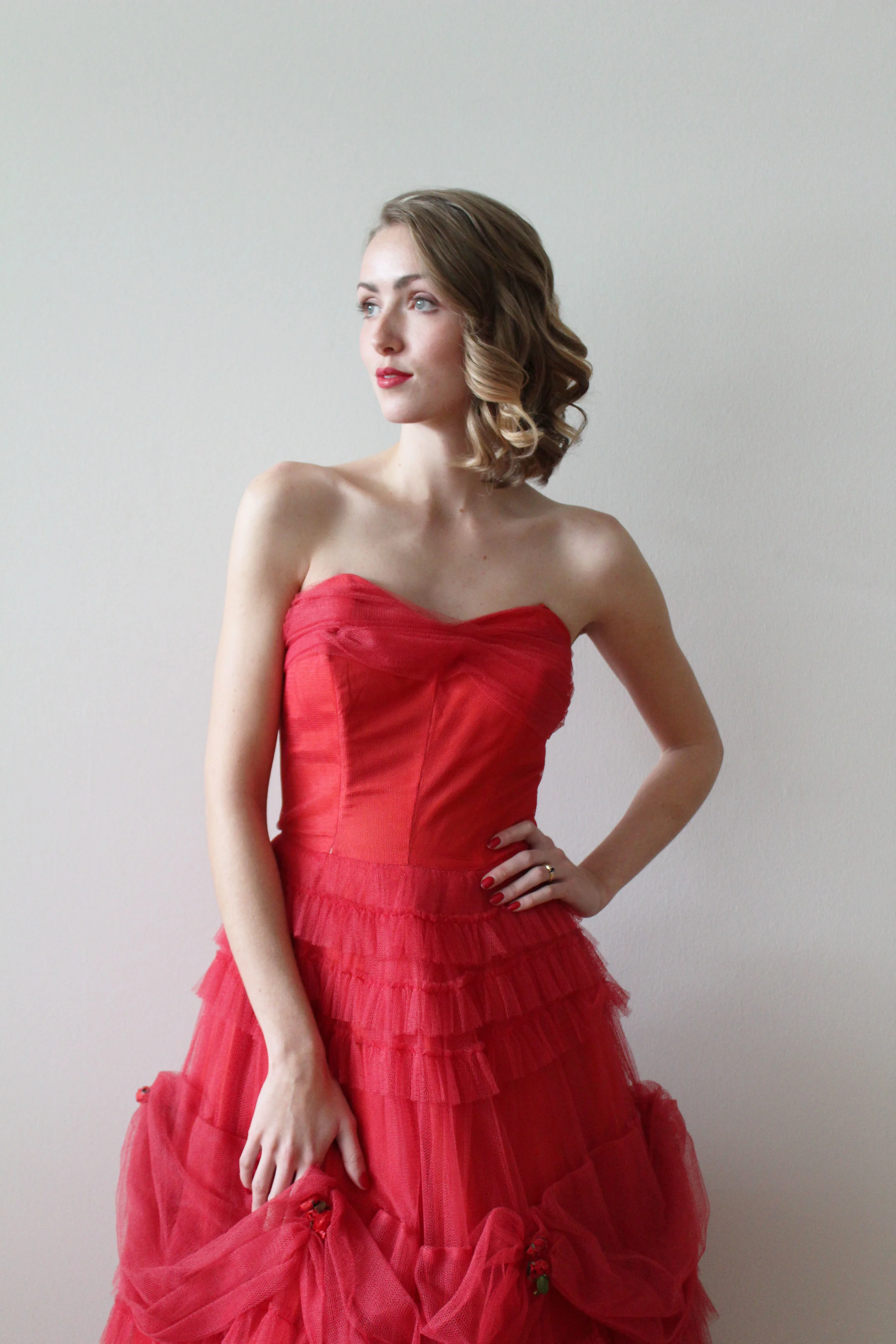 1950s Red Rose Prom Dress