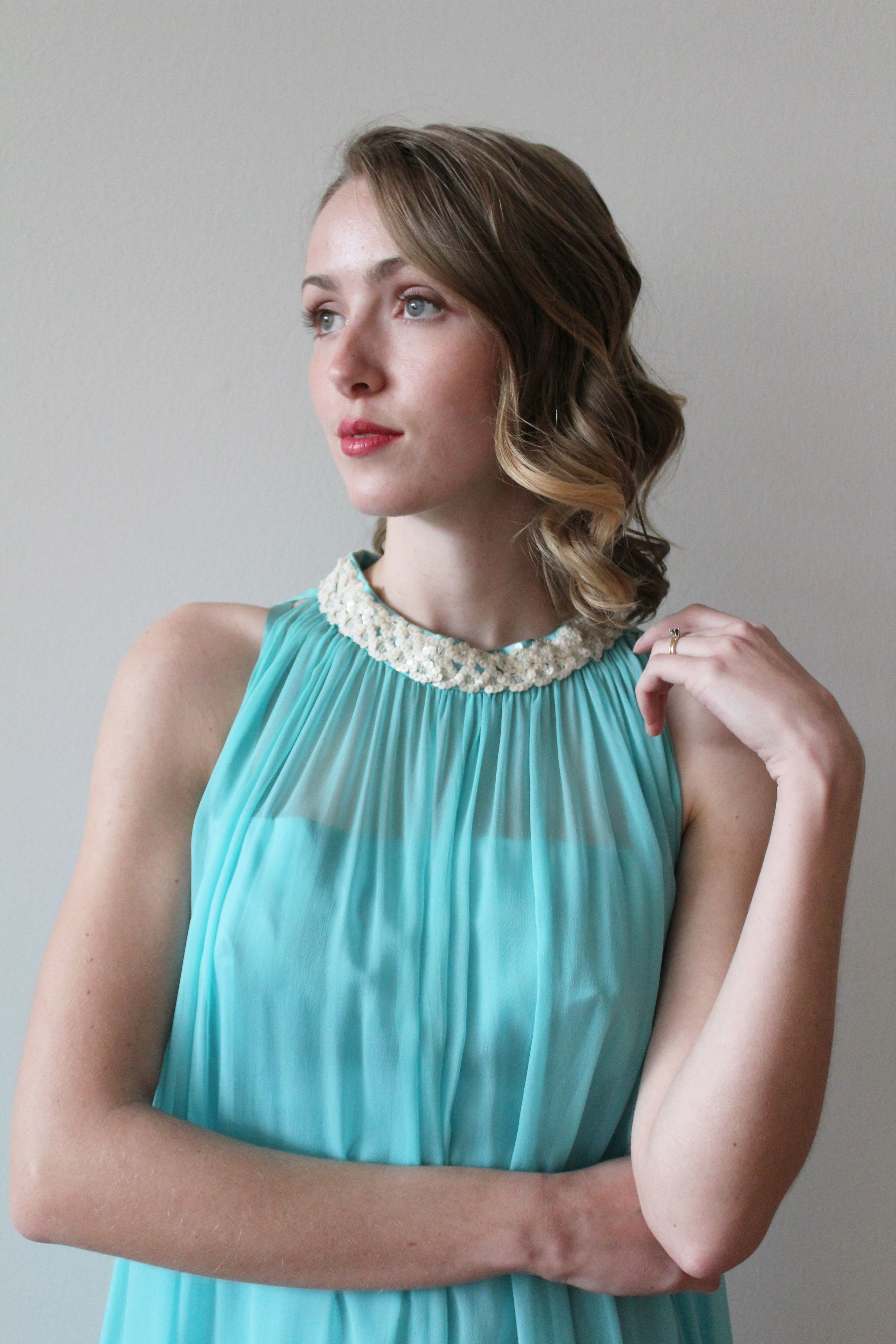 1960s Teal Feather Party Dress