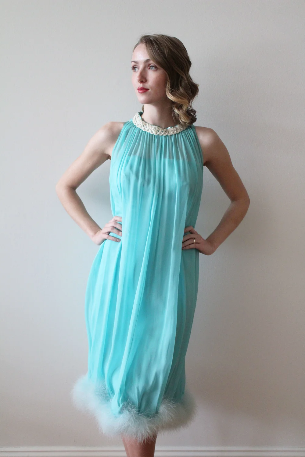 1960s Teal Feather Party Dress  Miranda's Vintage Bridal
