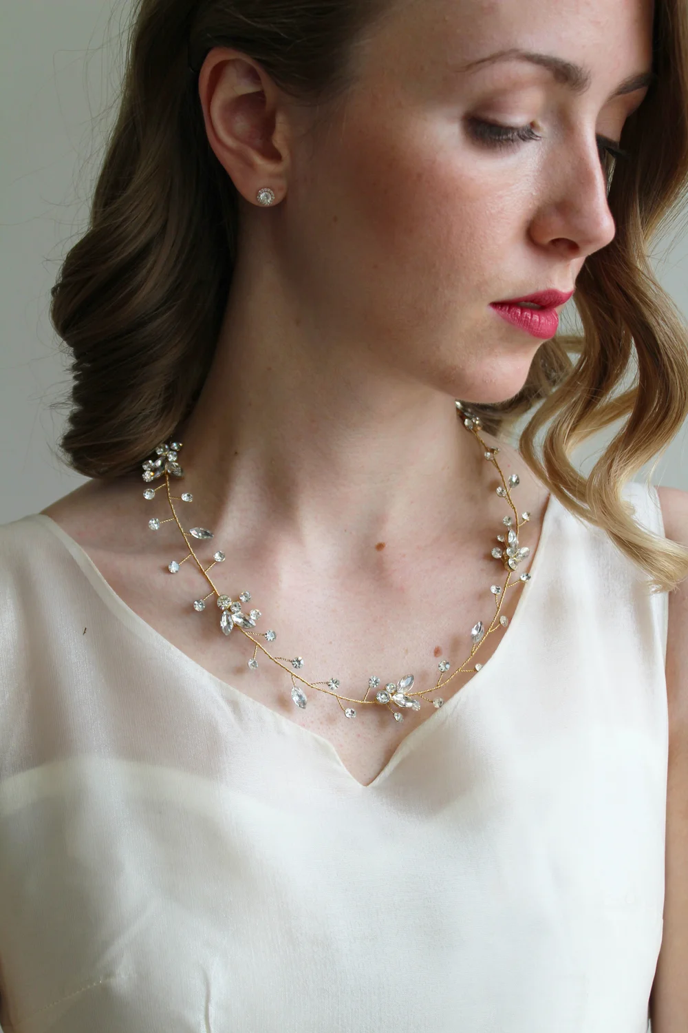 Gold and Pearl Headpiece Vintage Necklace  Statement’s Set & rhinestone belt Wedding Accessories | Vintage Pearl & Rhinestone Bridal Belt  main image 2