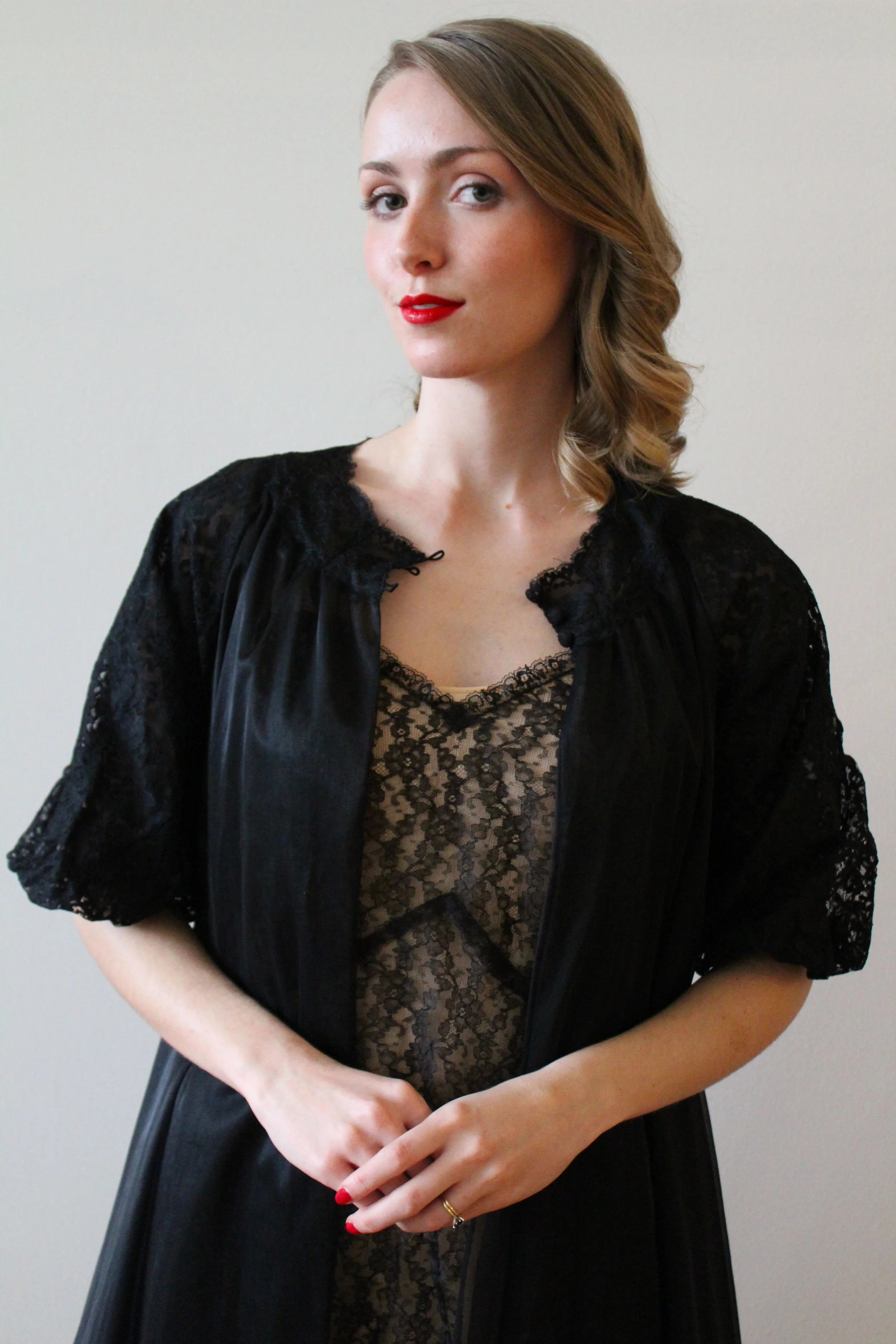 1950s-60s Black Lace Peignoir Set